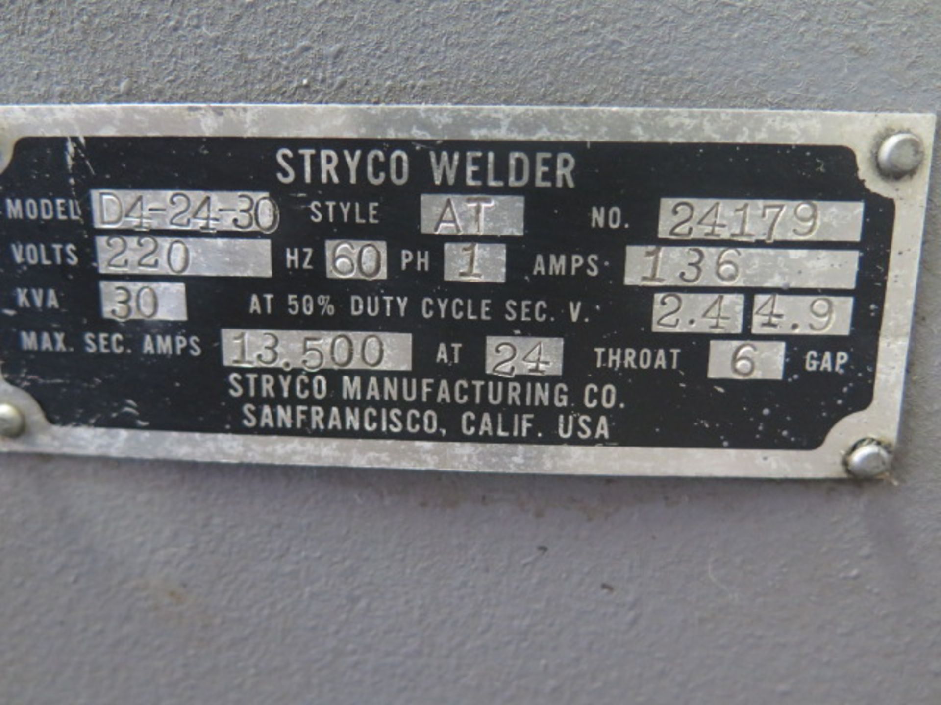 Stryco Type D4-24-30 30kVA Spot Welder s/n 24179 w/ 24” Throat - Image 7 of 7