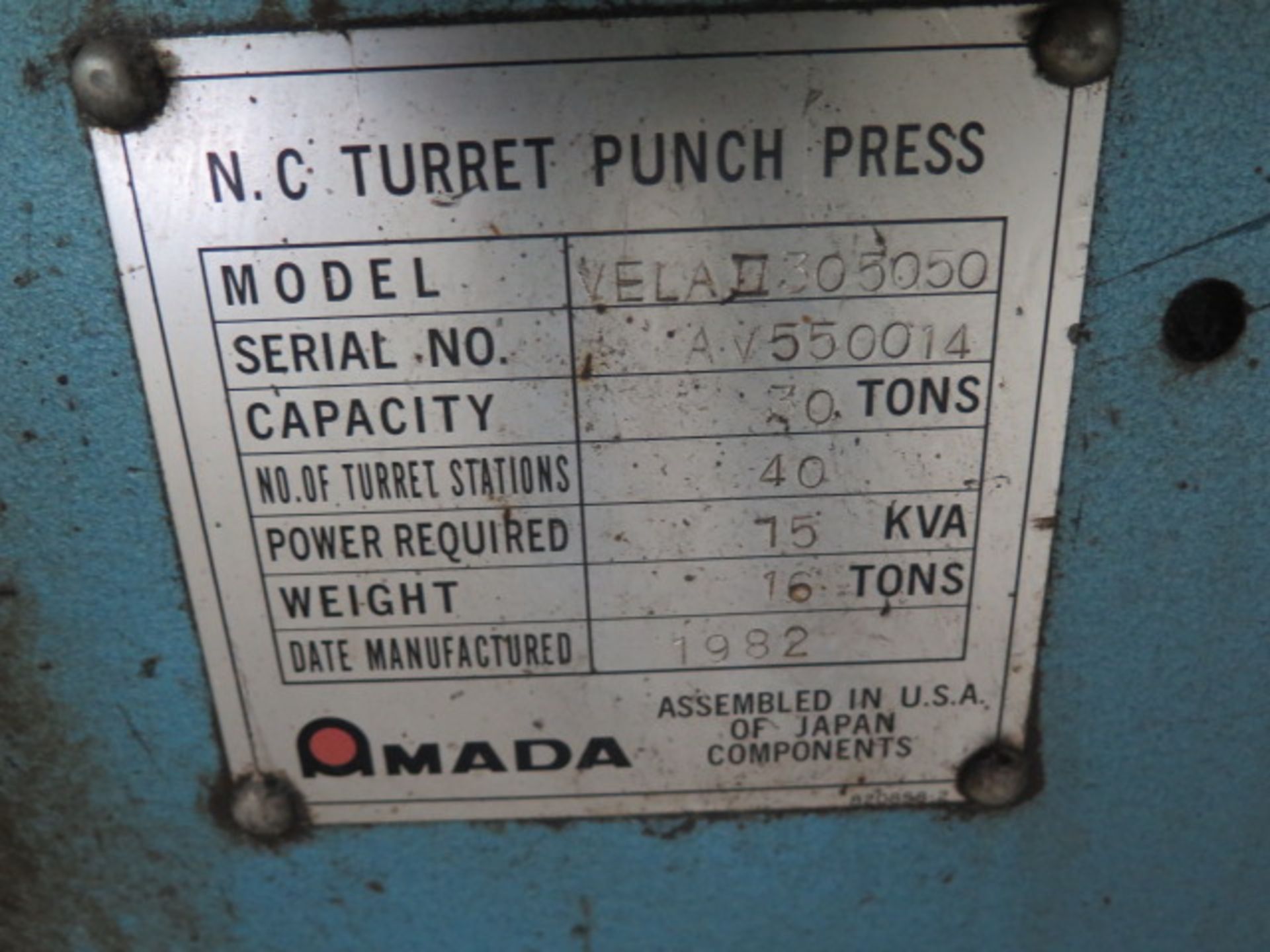 Amada VELA II 305050 30 Ton CNC Turret Punch Press s/n AV550014 w/ Amada-Fanuc-V Controls, 40- - Image 13 of 13