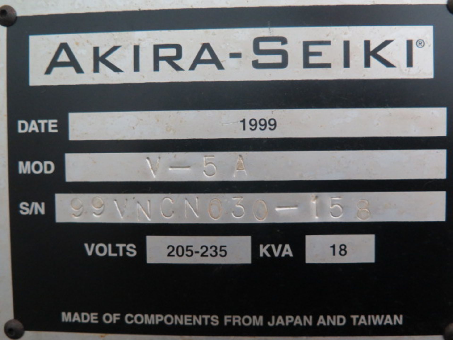 1999 Akira-Seiki Performa V5 CNC Vertical Machining Center s/n 99VNCN030-158 w/ Mitsubishi Controls, - Image 10 of 10