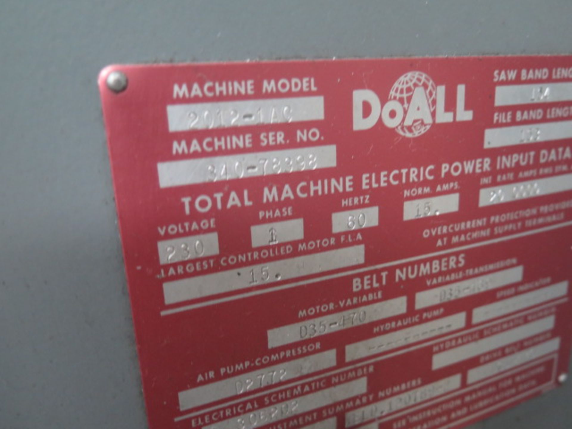 DoAll mdl. 2012-1AC 20” Sliding Table Vertical Band Saw s/n 340-78398 w/ Blade welder, 50-5200 - Image 11 of 12