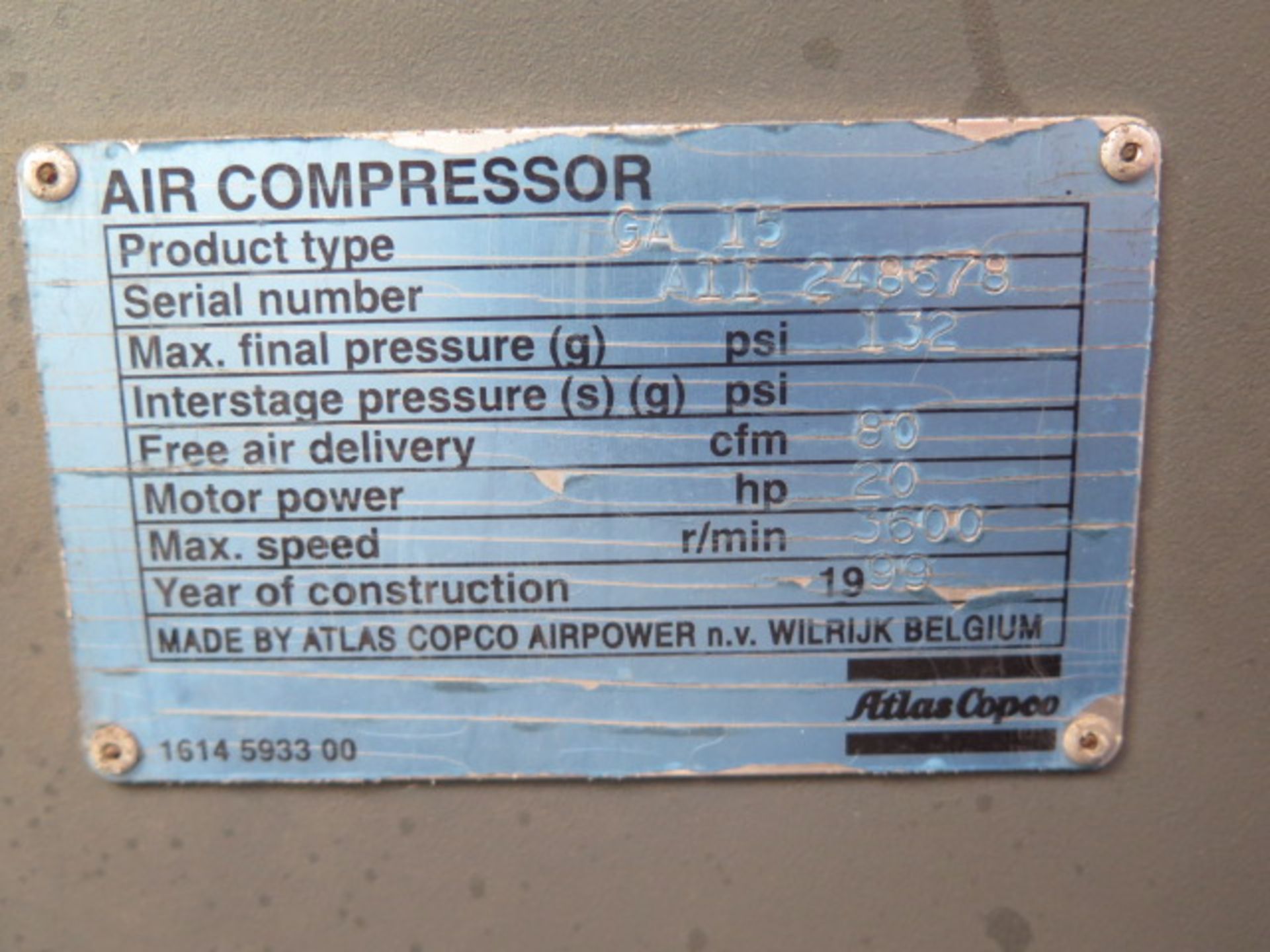Atlas Copco GA15 15Hp Rotary Air Compressor s/n AII248678 w/ Elektronikon Digital Controls, 80 CFM @ - Image 7 of 7