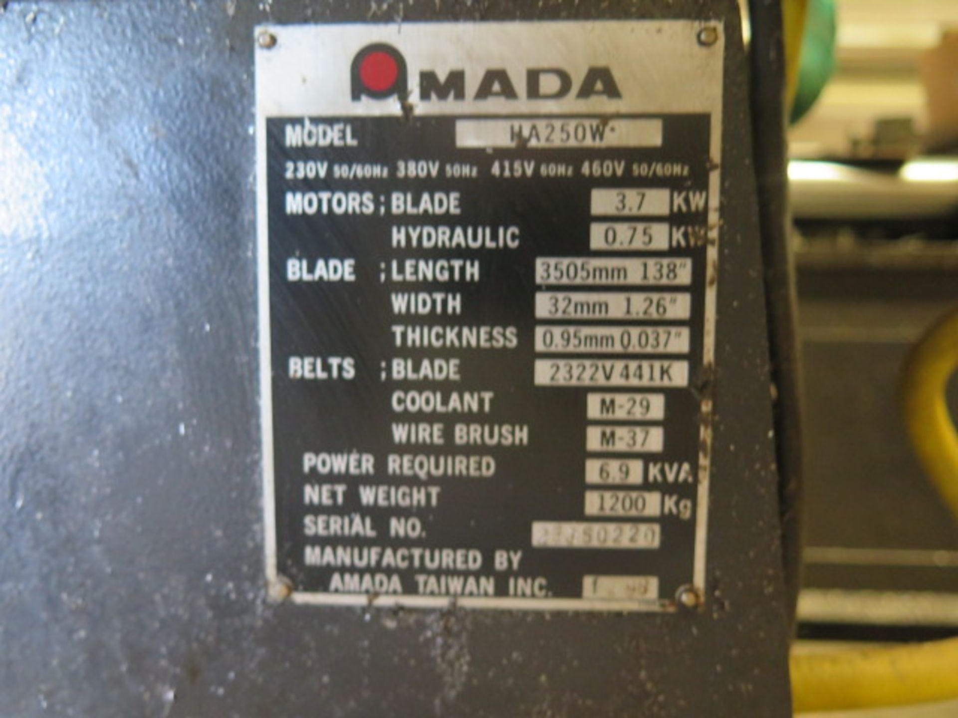 1996 Amada Ha250W 10” Automatic Hydraulic Horizontal Band Saw s/n 25350220 w/ Amada Controls, - Image 12 of 12