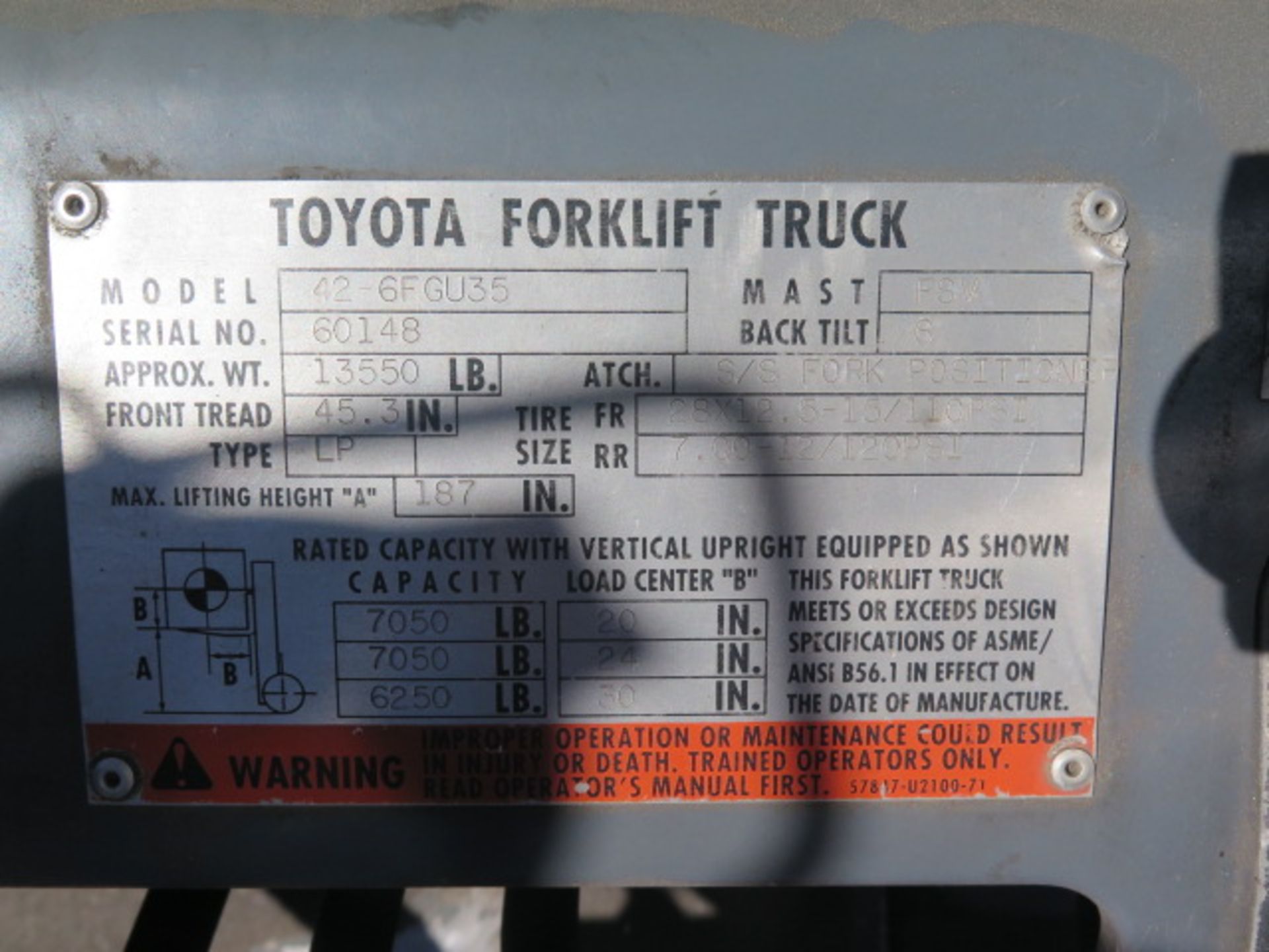 Toyota mdl. 42-6FGU35 7050 Lb Cap LPG Forklift s/n 60148 w/ 3-Stage Mast, 187" Lift Height, - Image 9 of 10