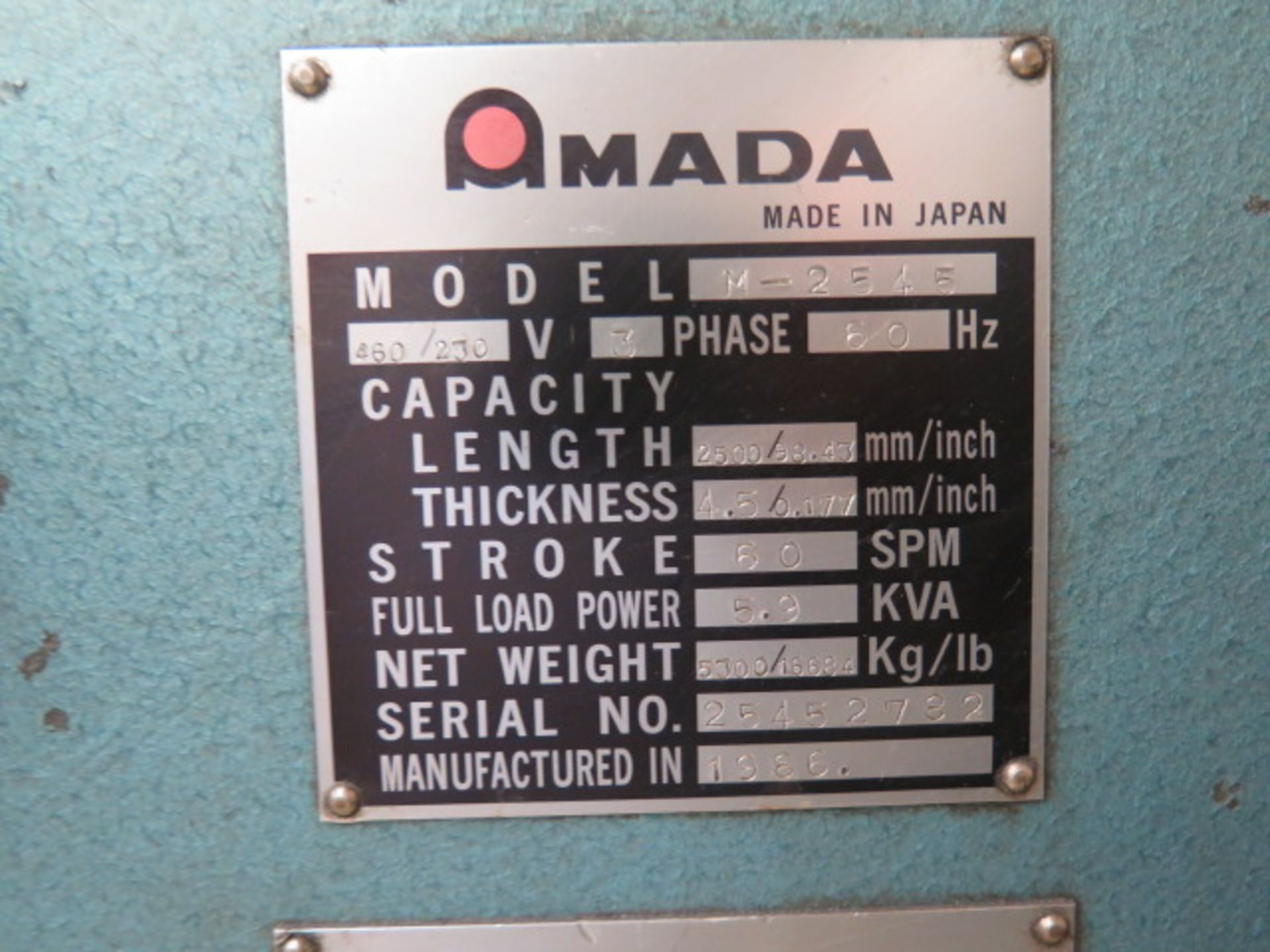 1986 Amada mdl. M-2545 3/16” x 98” Power Shear s/n 25452782 w/ Amada Controls and Back Gaging, 98. - Image 8 of 8
