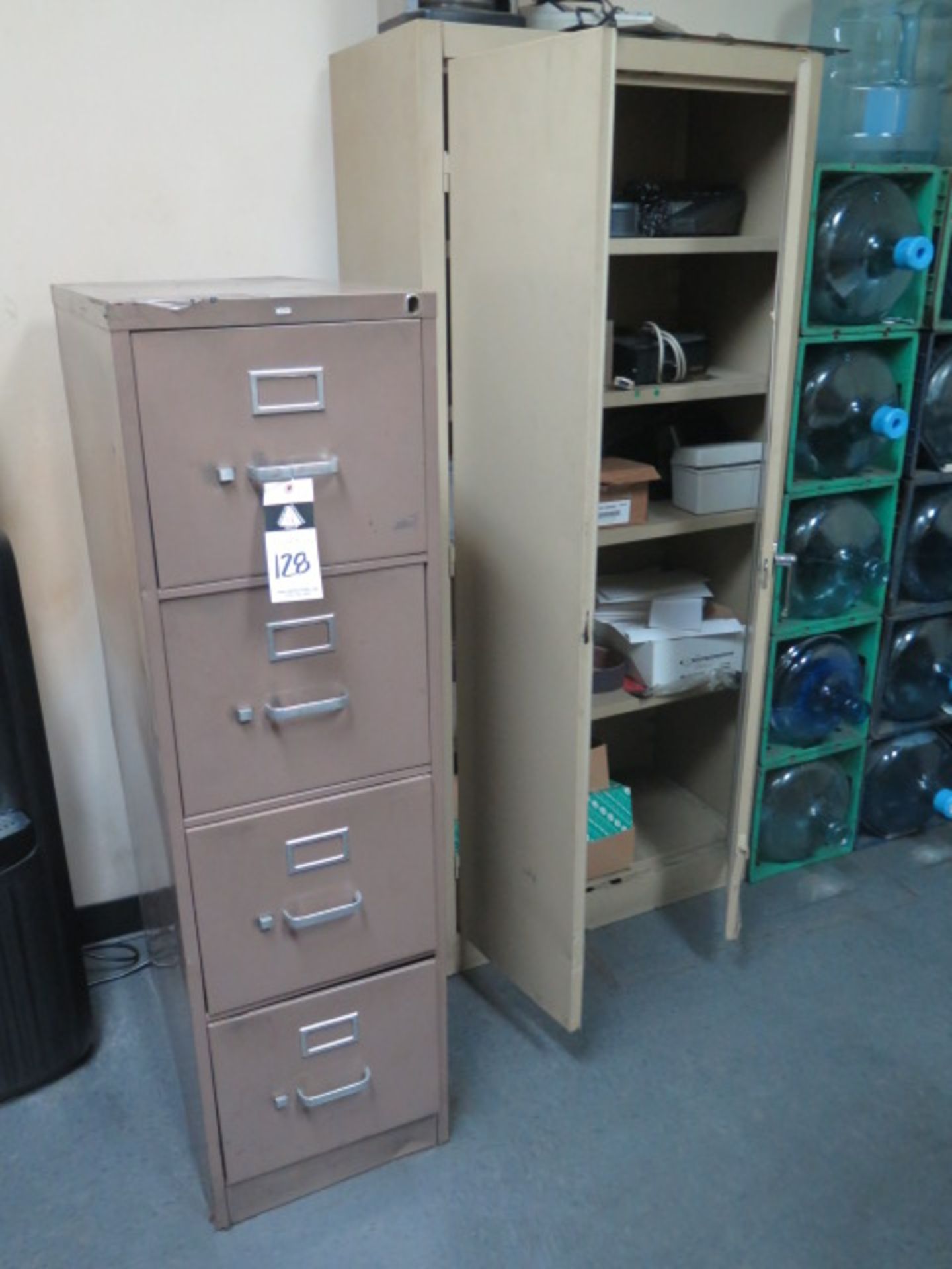 Refrigerator, Microwave, Table and File Cabinets