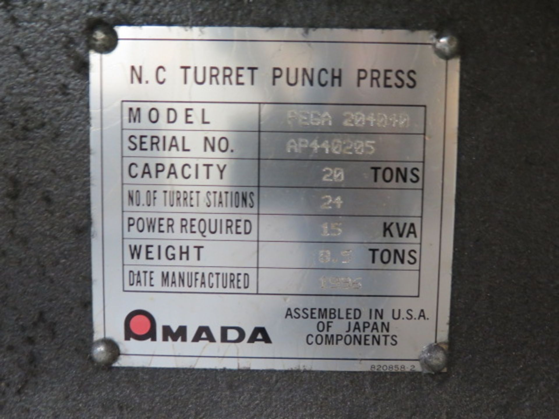 1996 Amada PEGA244 mdl. PEGA204040 20-Ton CNC Turret Punch Press s/n AP440205 w/ Amada Amadan-O4P- - Image 10 of 10