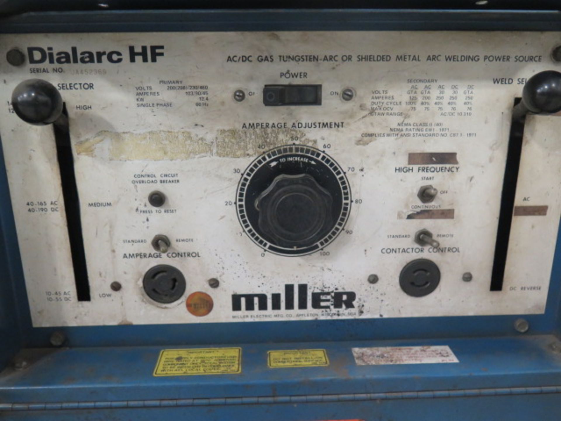 Miller Dialarc HF AC/DC Gas Tungsten Arc or Shieleded Metal Arc welding Power Source s/n JA452369 - Image 3 of 4