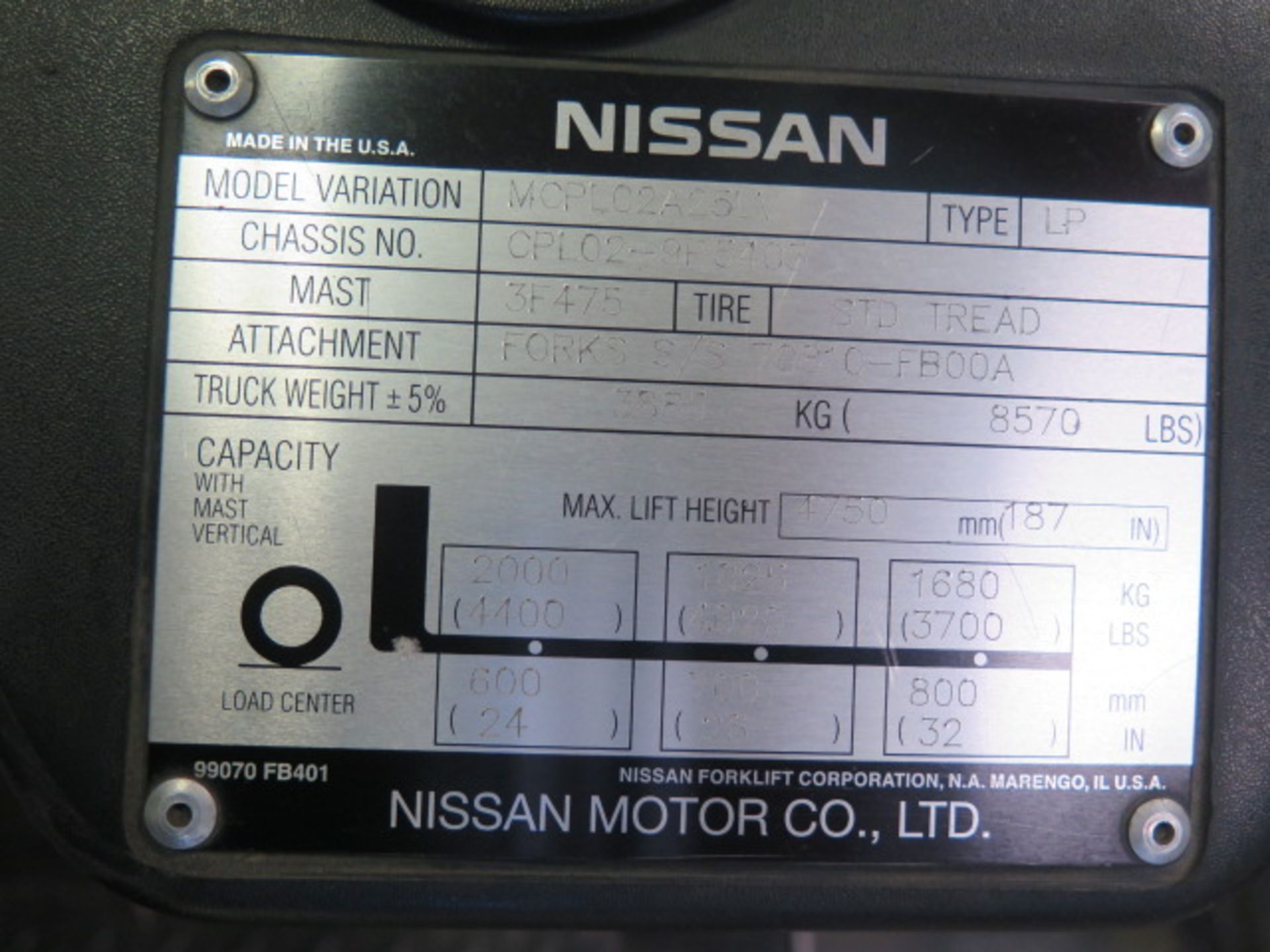 Nissan MCPL02A25LV 4400 :Lb Cap LPG Forklift s/n CPL02-9P5403 w/ 3-Stage Mast, 187" Lift Height - Image 10 of 10