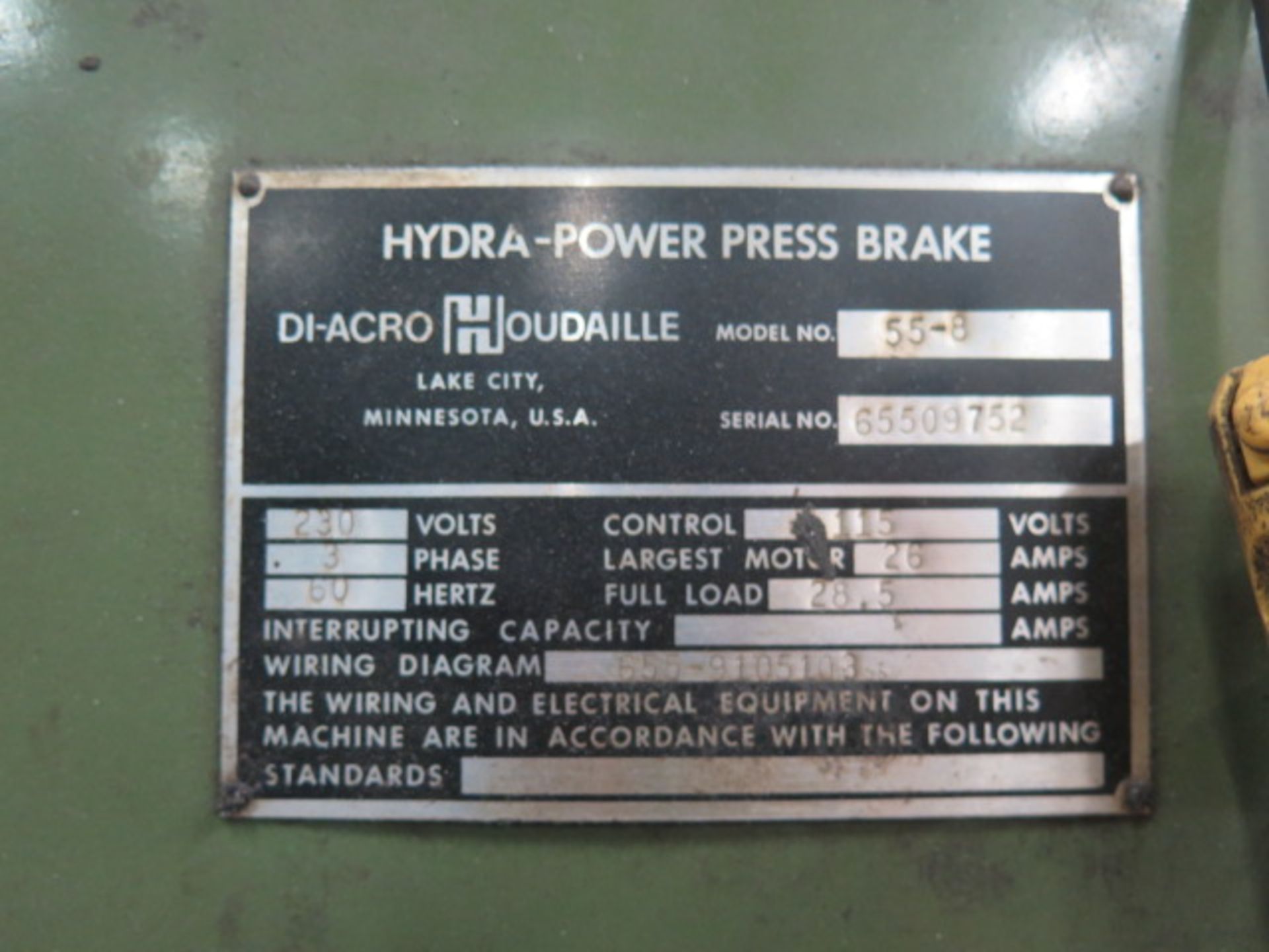 DiAcro 55-8 55 Ton x 8' Hydra-Power Press Brake s/n 65509752 w/ Manual Back Gage, 100" Bed Length, 8 - Image 9 of 9