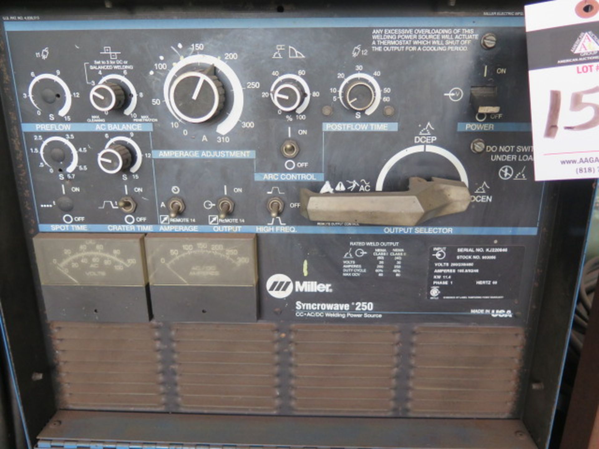 Miller Syncrowave 250 CC-AC/DC Arc Welding Power Source s/n KJ220846 w/ Miller 60-Series Wire - Image 3 of 6