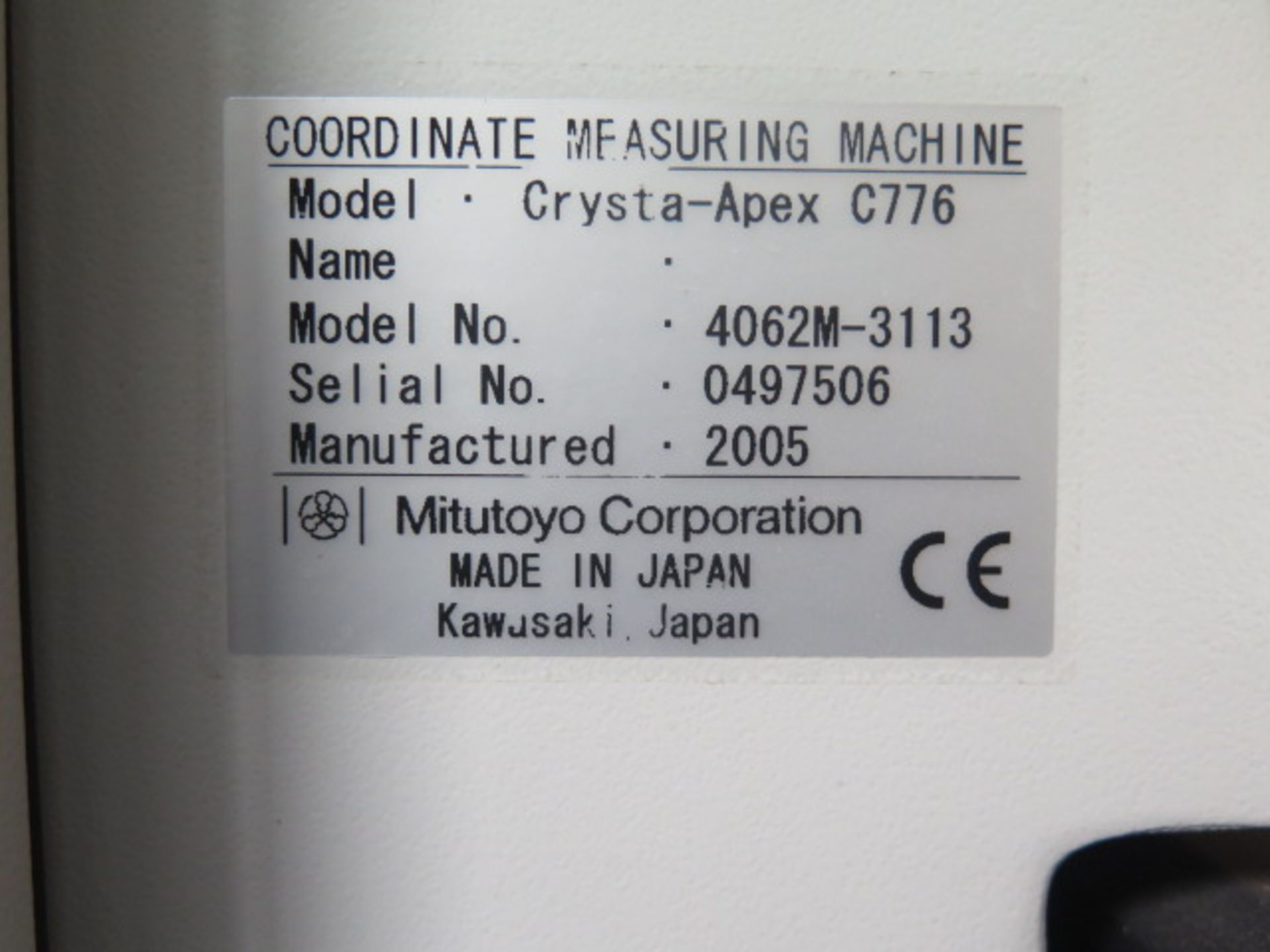 2005 Mitutoyo Crysta-Apex C776 mdl. 4062M-3113 CMM Machine s/n 0497506 w/ Renishaw PH10MQ Motorized - Image 9 of 11