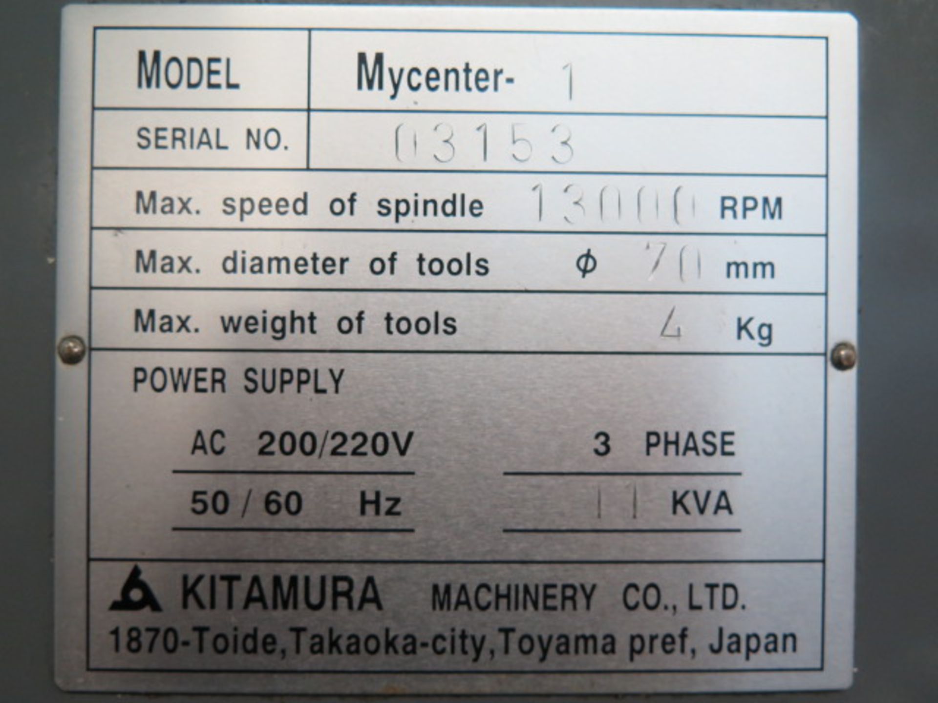 Kitamura Mycenter-1 CNC Vertical Machining Center s/n 03153 w/ Yasnac Controls, 20-Station ATC, BT- - Image 12 of 12