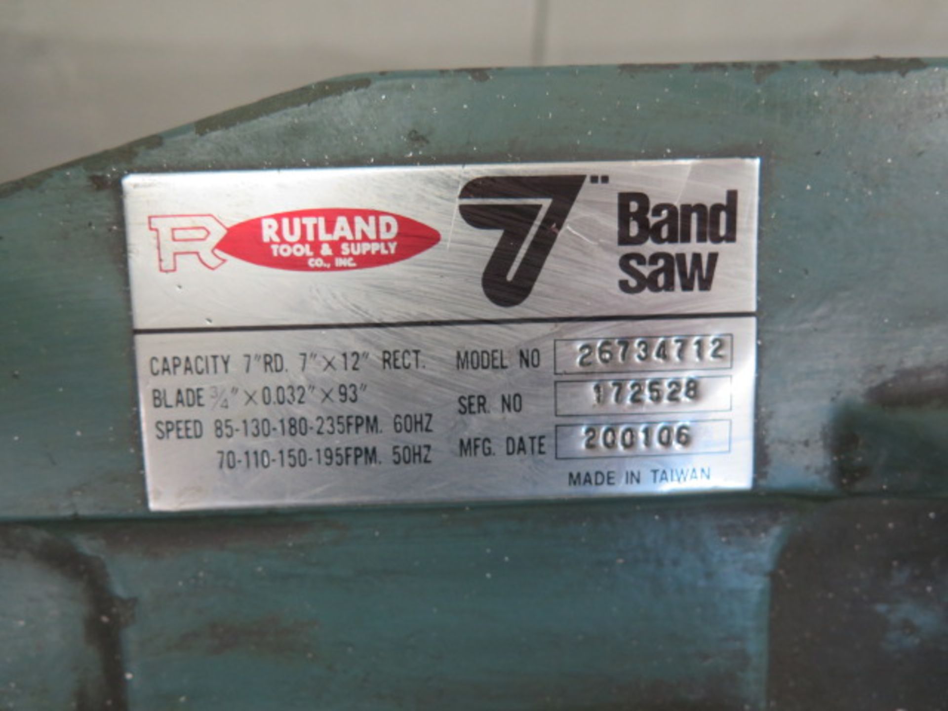 Rutland mdl. 26734712 7” Horizontal Band Saw w/ Manual Clamping, Work Stop, Coolant - Image 5 of 5