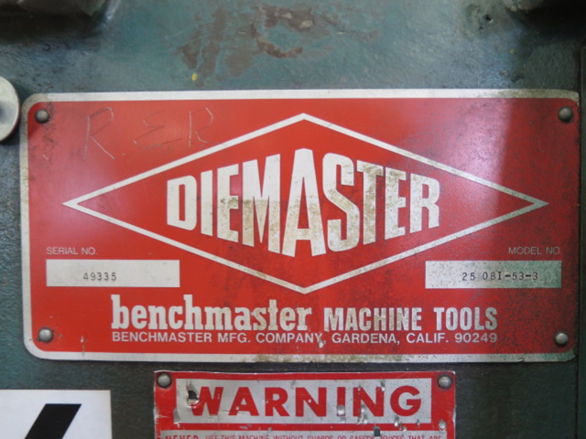 Benchmaster "Diemaster" mdl. 25OBI-53-3 25 Ton OBI Stamping Press s/n 49335 w/ (NEEDS MOTOR AND - Image 9 of 9