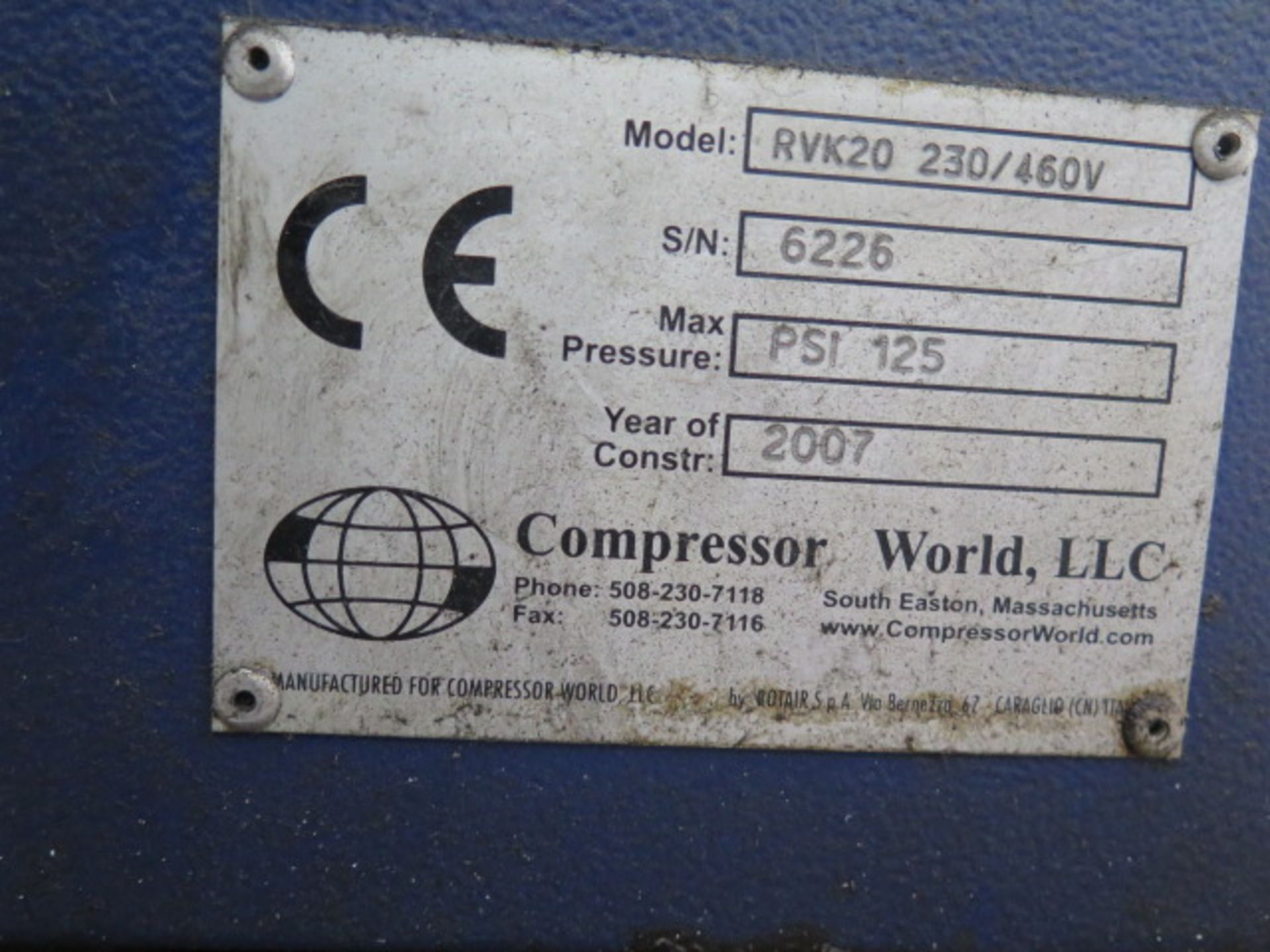 2007 Worldair RVK20 230/460V Rotary Vane Air Compressor s/n 6226 w/ Digital Controls, 125 PSIG - Image 5 of 5