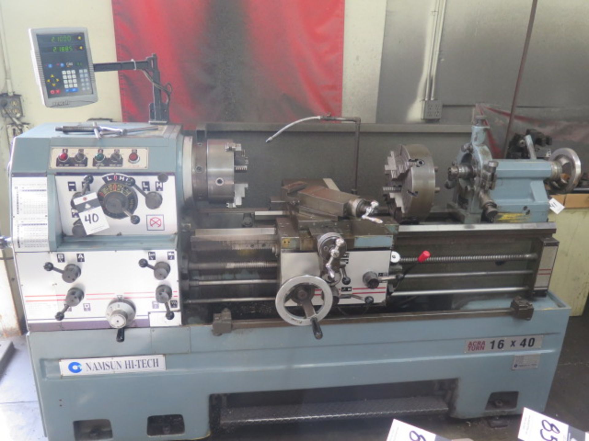 Nam Sun Hi-Tech Acra Turn 16” x 40” Geared Head Gap Bed Lathe s/n 420102874 w/ Newall C80