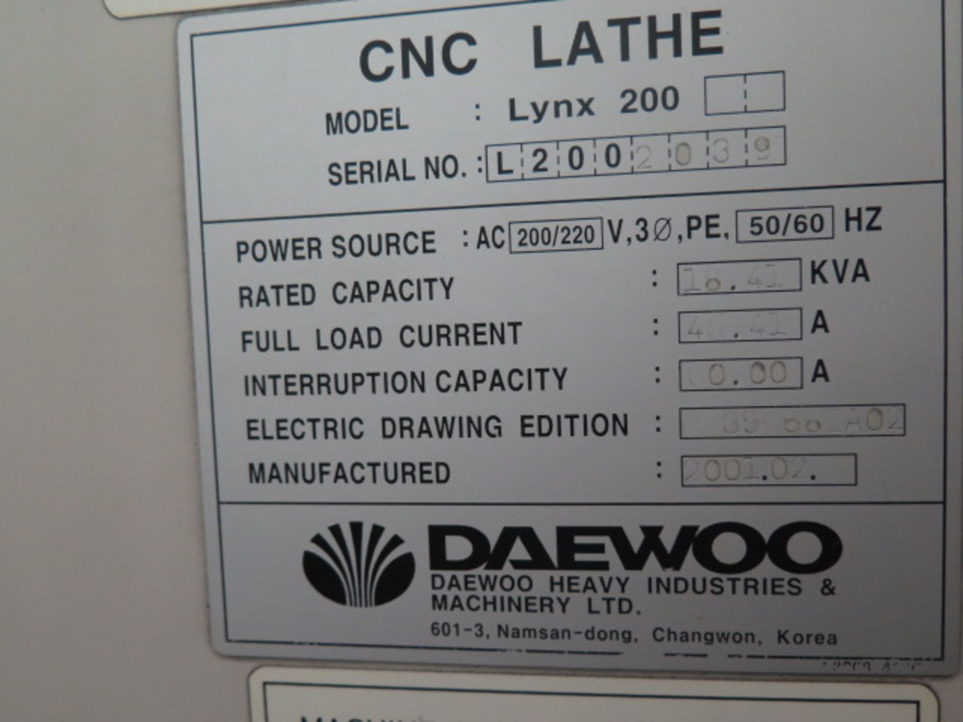 2001 Daewoo LYNX 200 CNC Turning Center s/n L2002039 w/ Fanuc Series 21i-T Controls, Tool Presetter, - Image 9 of 10