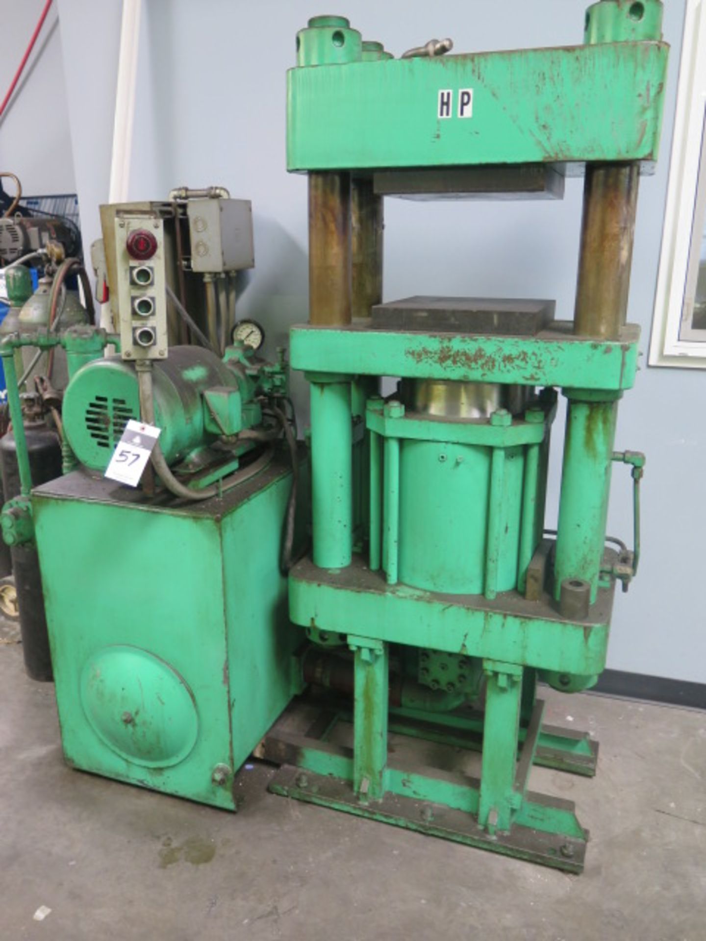 100 Ton Hydraulic 4-Post Press w/ 14” x 14” Platens, 19 ½” x 5 ¼” Between Posts, 9” Die Space