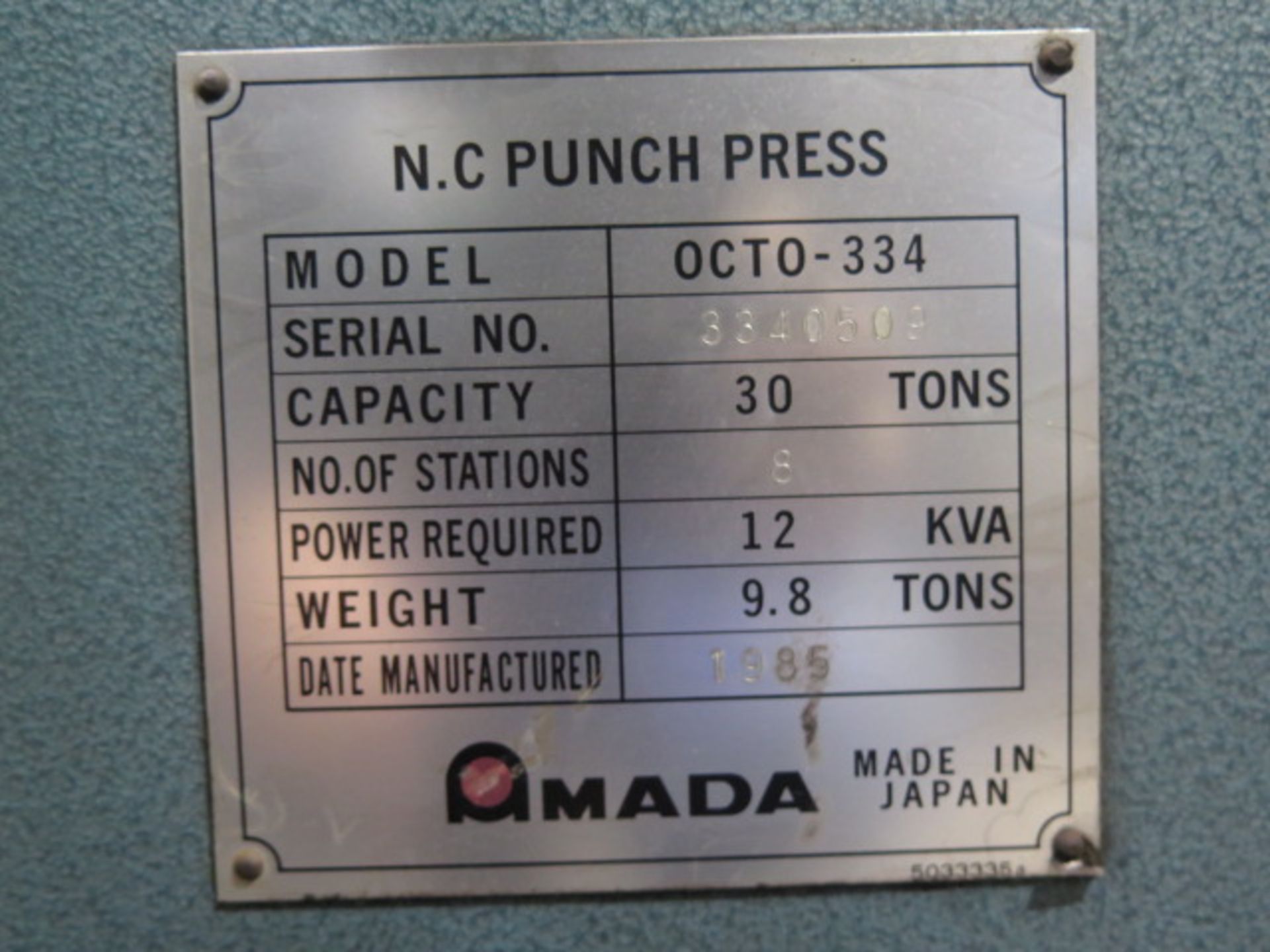 Amada OCTO 30-30-40 30-Ton 8-Station CNC Inline Punch Press s/n 3340509 w/ Amada-Fanuc-0 System 6M - Image 11 of 11