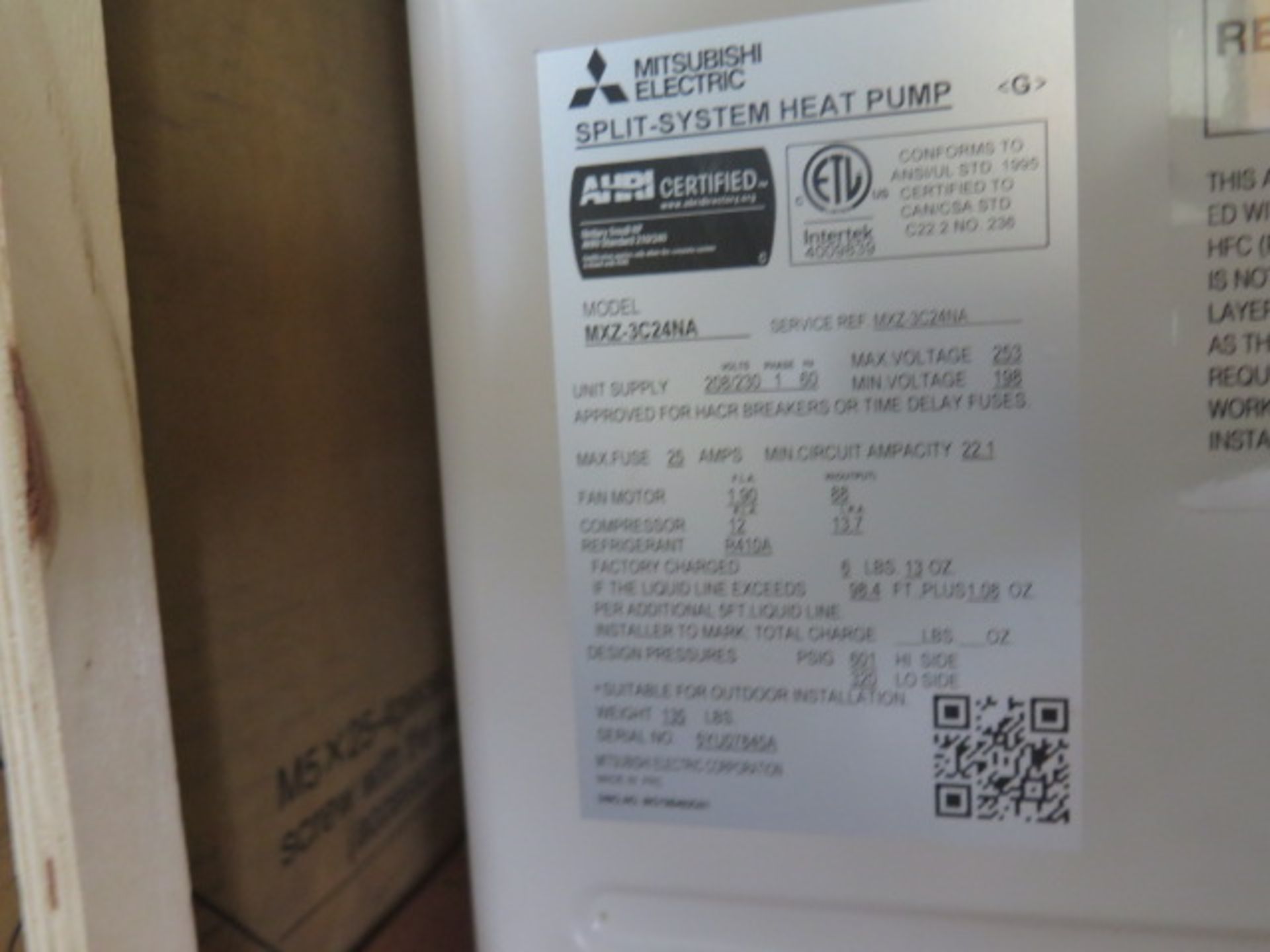 Mitsubishi MXZ-3C24NA Multiport Heat Pump Air Conditioner w/ PLA-A24BA6 Ceiling Cassette - Image 4 of 6