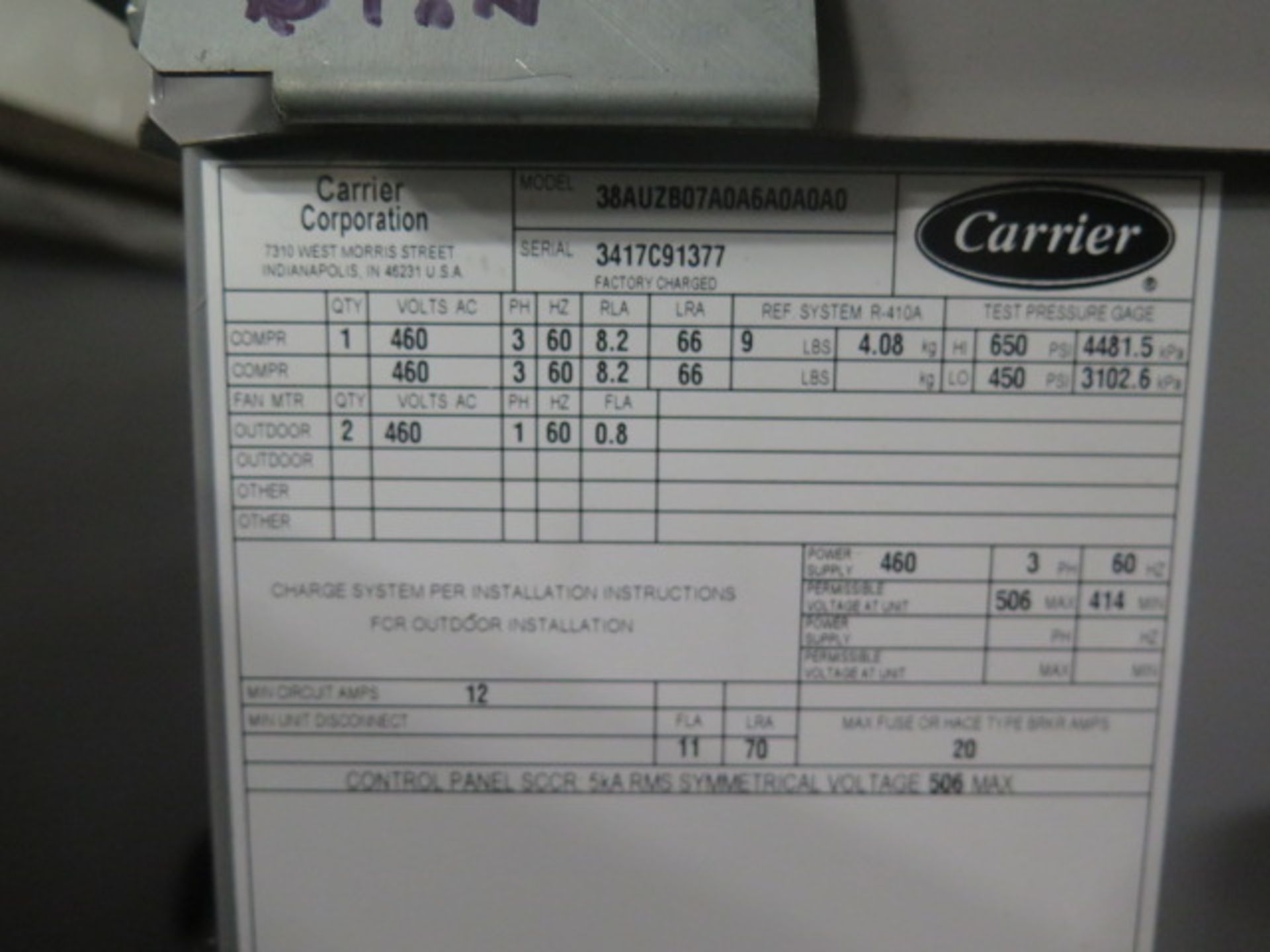 Carrier “Gemini Split Systems” 38AUZB07A0A6-0A0A0 6 Ton Dual Voltage Air Conditioners, 460V-3ph / - Image 4 of 6
