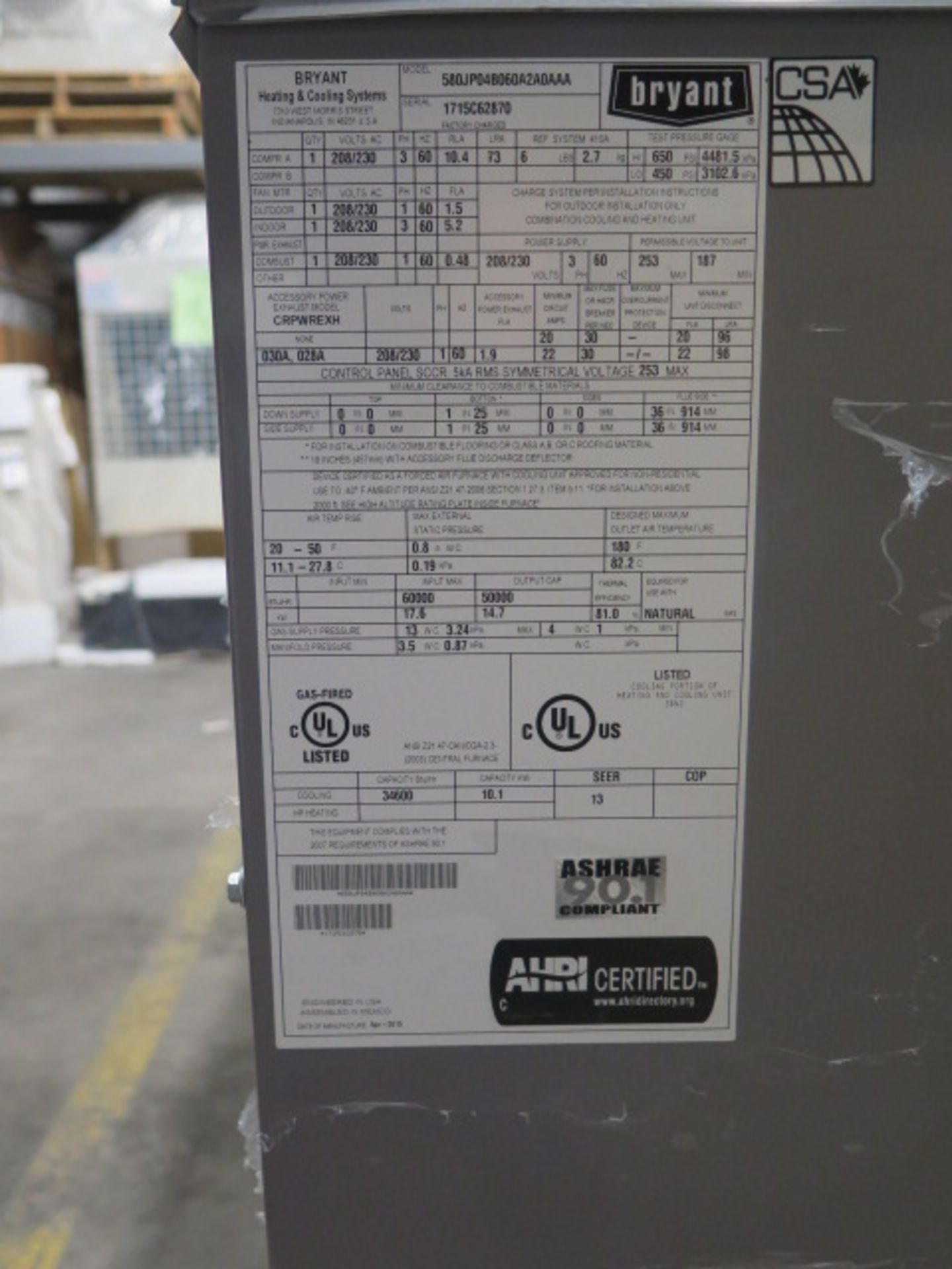 Bryant “Legacy Line” 580JP04B060A2A0AAA 3 Ton Gas Electric Unit 208/230V-3ph - Image 6 of 6