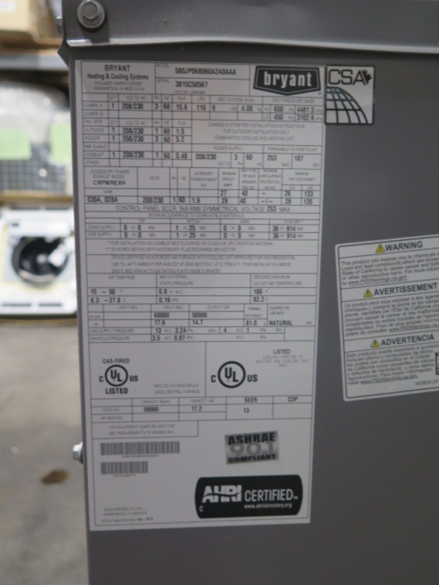 Bryant “Legacy Line” 580JP06B060A2A0AAA 3 Ton Gas Electric Unit 208/230V-3ph - Image 6 of 6