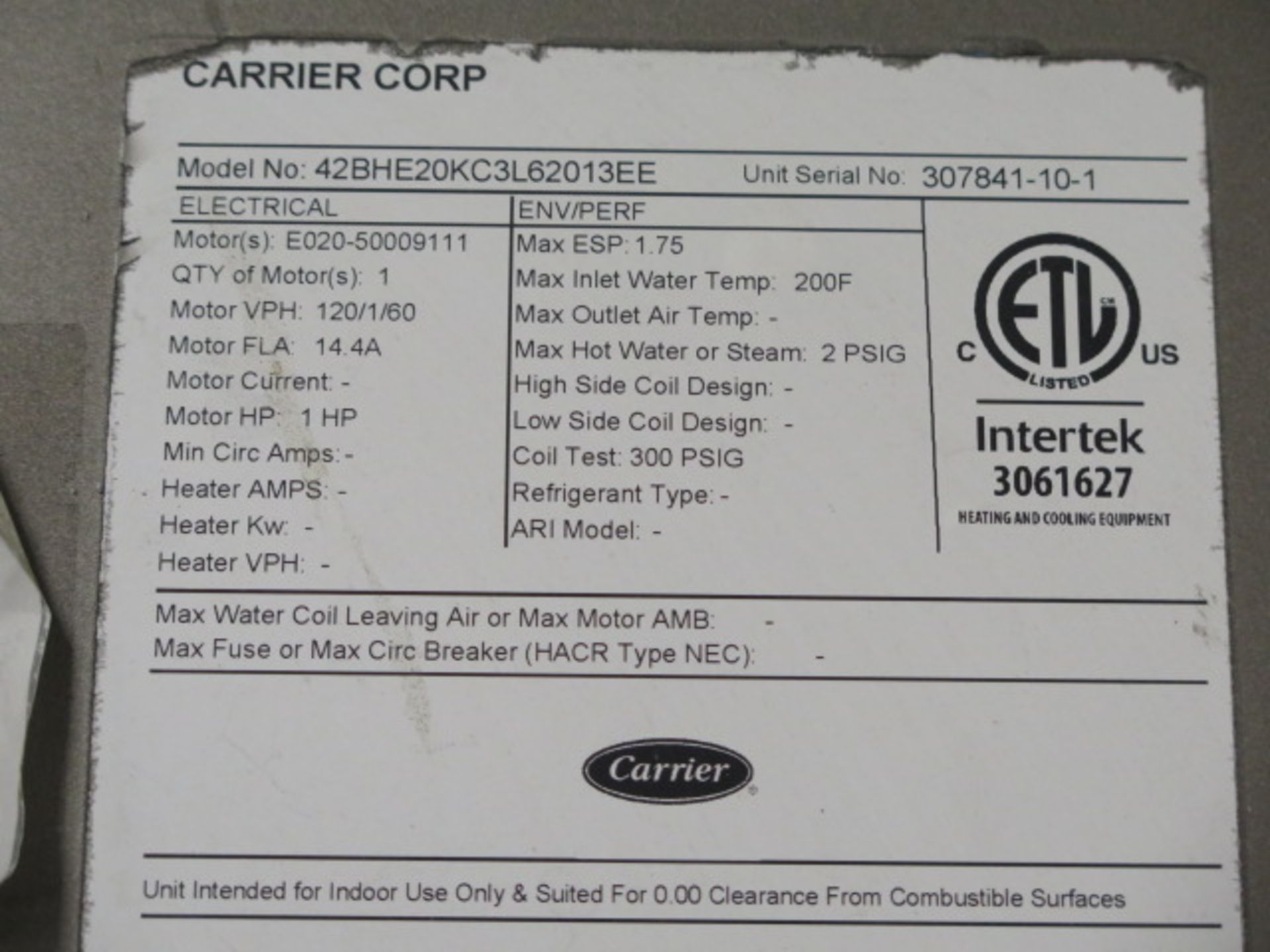 Carrier 42BHE20KC3L62013EE 120V-1ph, 42BHE16LD4R61620EH 208V-3ph 10908CE Commercial Hydronic Fan - Image 4 of 4