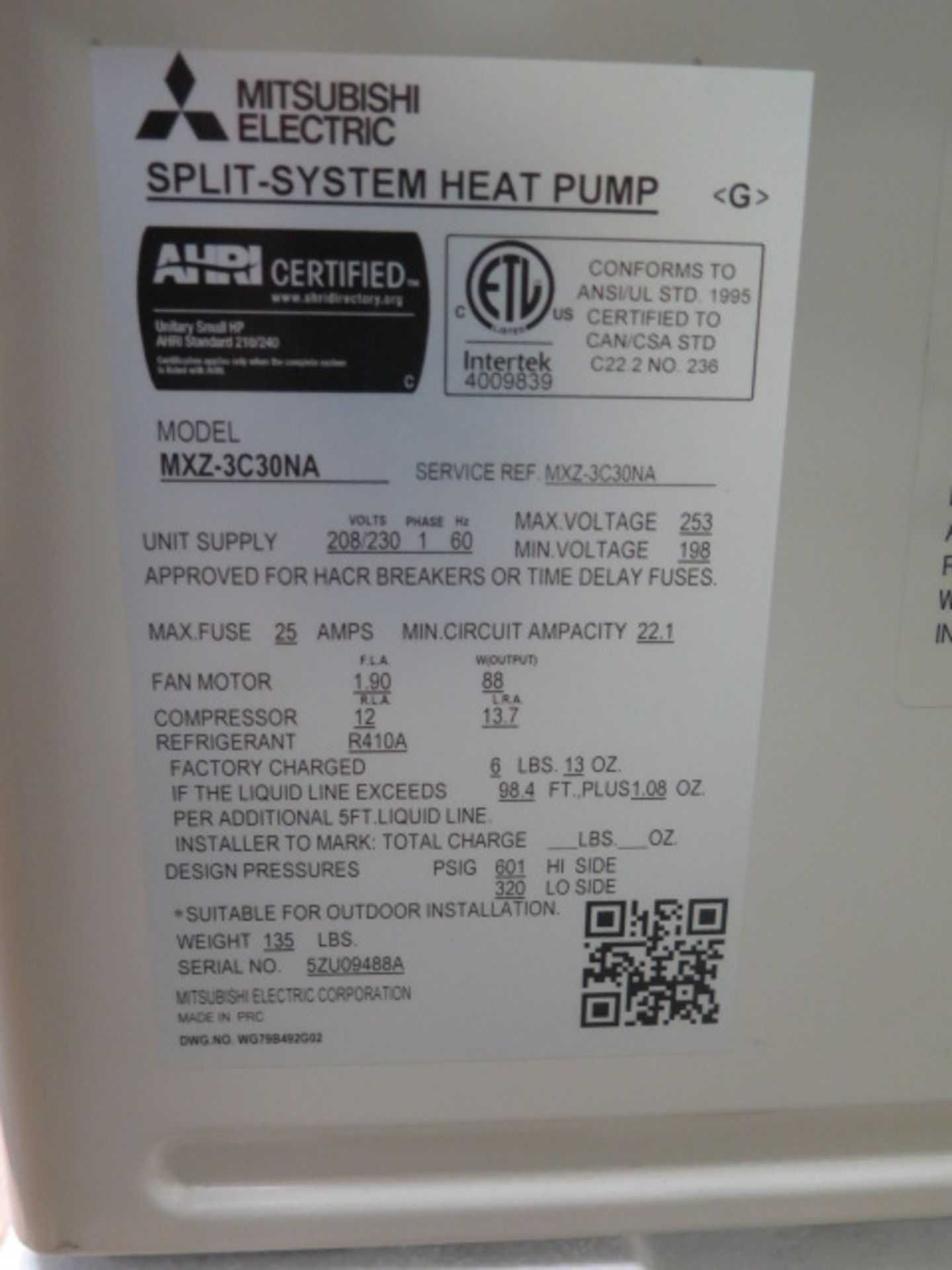 Mitsubishi MXZ-3C30NA Multiport Split System Heat Pump w/ PLA-A18BA6 and PLA-A12BA6 Ceiling - Image 6 of 8