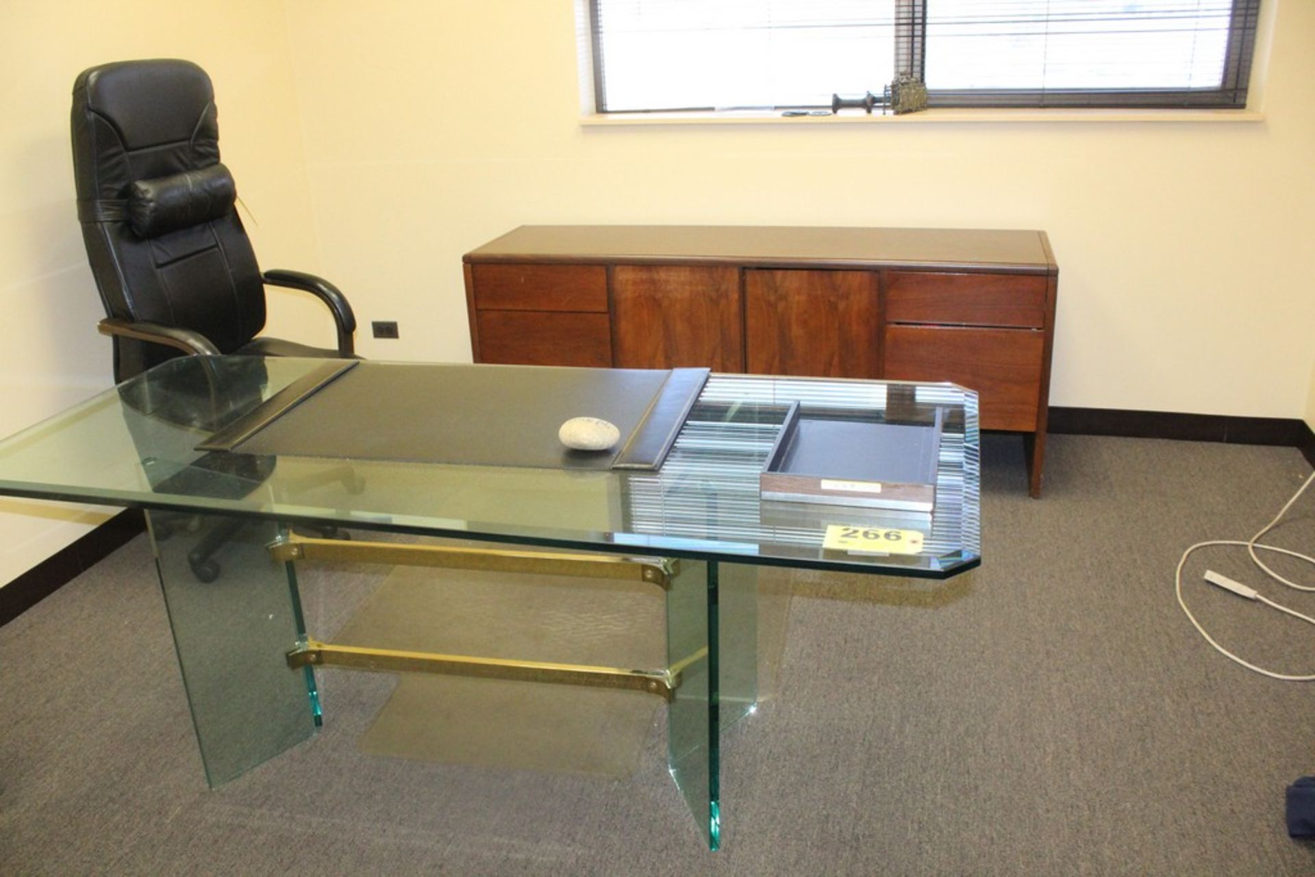 GLASS EXECUTIVE DESK - 72" X 30" X 29" AND WOOD CREDENZA - 29" X 72" X 20"