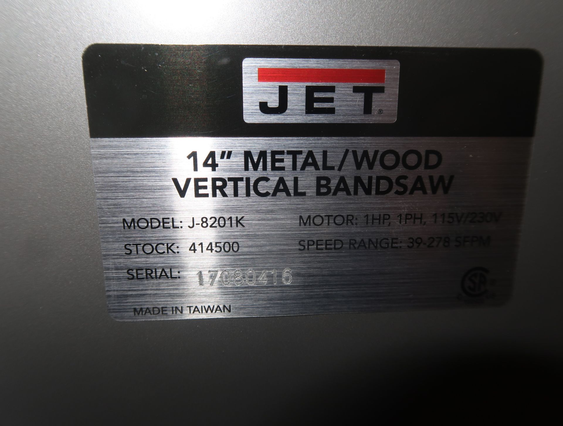 JET 14" METAL/WOOD VERTICAL BANDSAW MDL. J-8201K SN. 17080416 (NEW) - Image 2 of 3