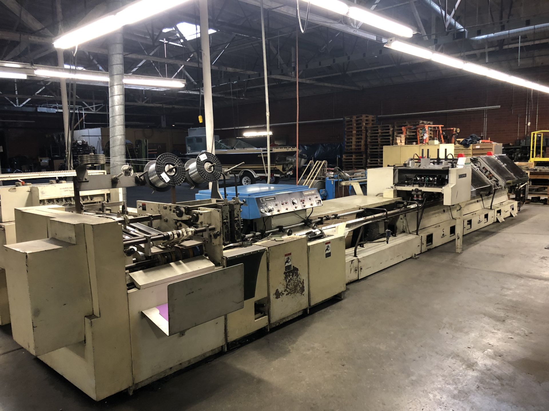 (1) HARRIS PACESETTER 750 SADDLE STITCHING LINE, 5 FEEDERS & COVER FEEDER, S/N- 750-ES117