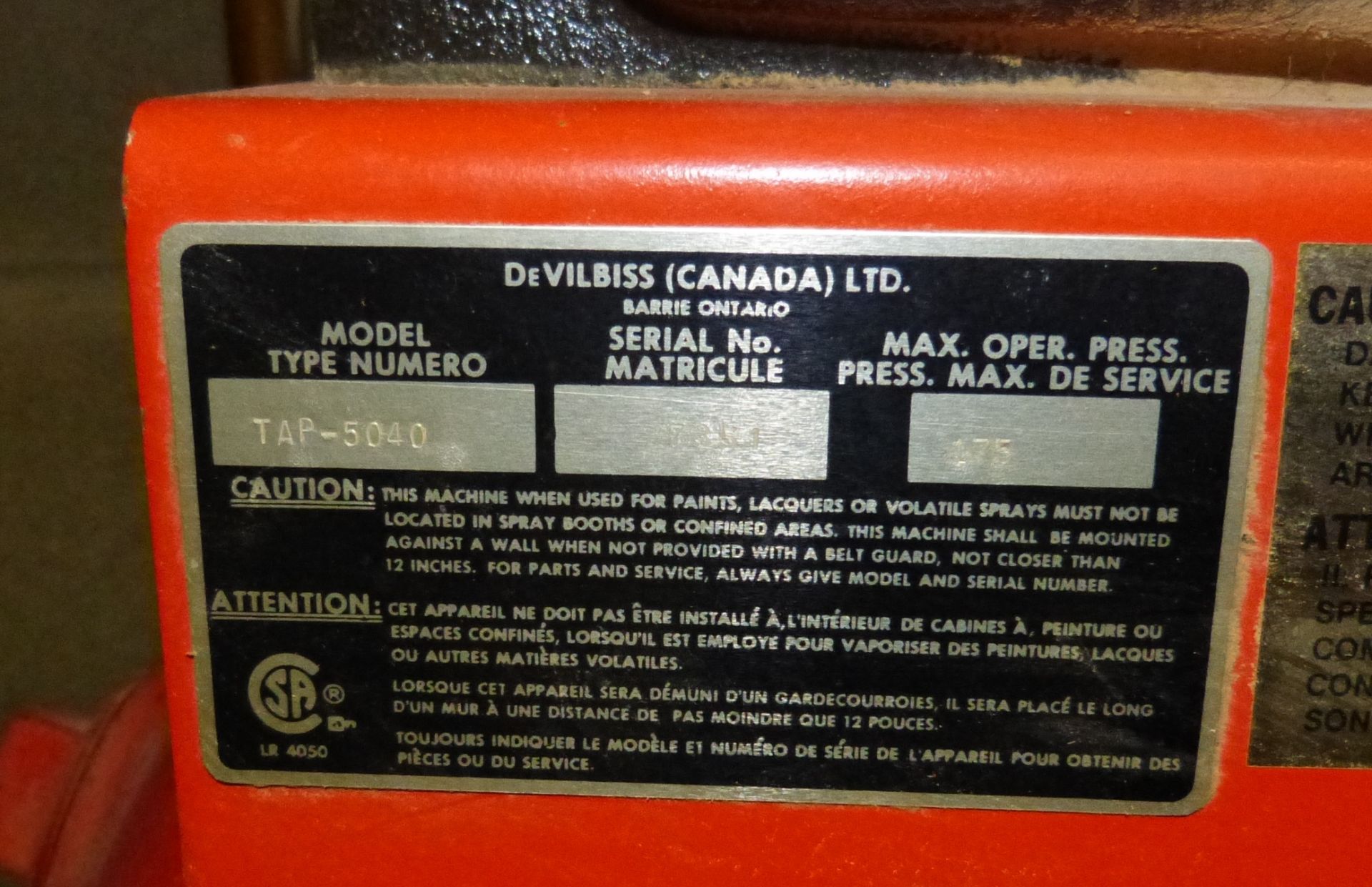 DeVILBISS 40GAL Air Compressor, Mdl TAP-5040 - Image 2 of 3