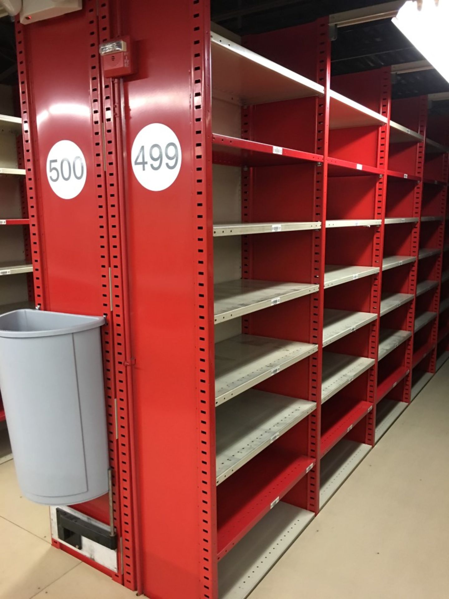 26 SECTIONS OF HALLOWELL H-POST CLOSED BACK SHELVING, SIZE:98.5"H X 18"D X 36"W WITH 5 SHELVES EACH