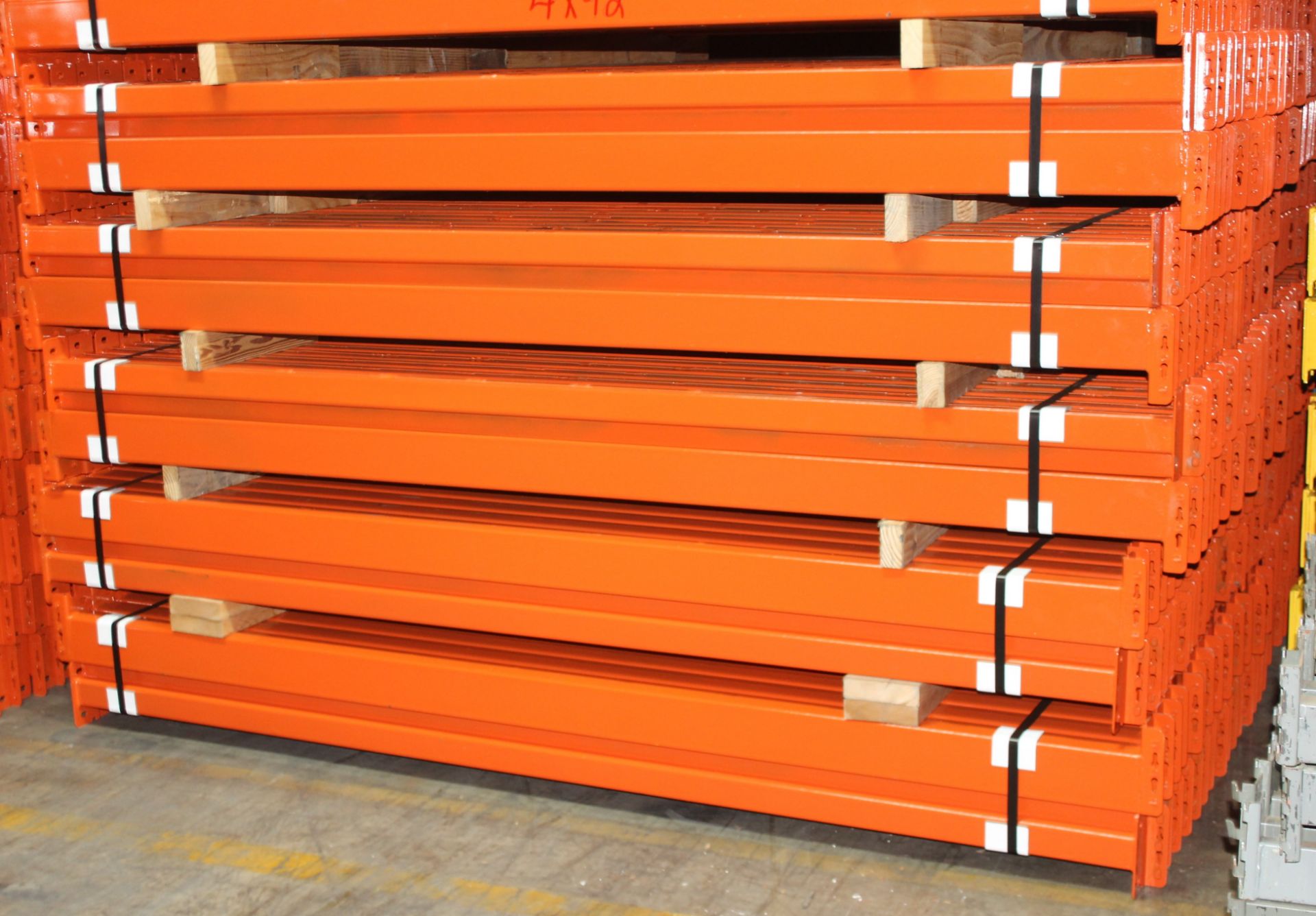 28 BAYS OF TEARDROP STYLE PALLET RACK, LIKE NEW, SIZE: 16'H x 42"D X 8'W