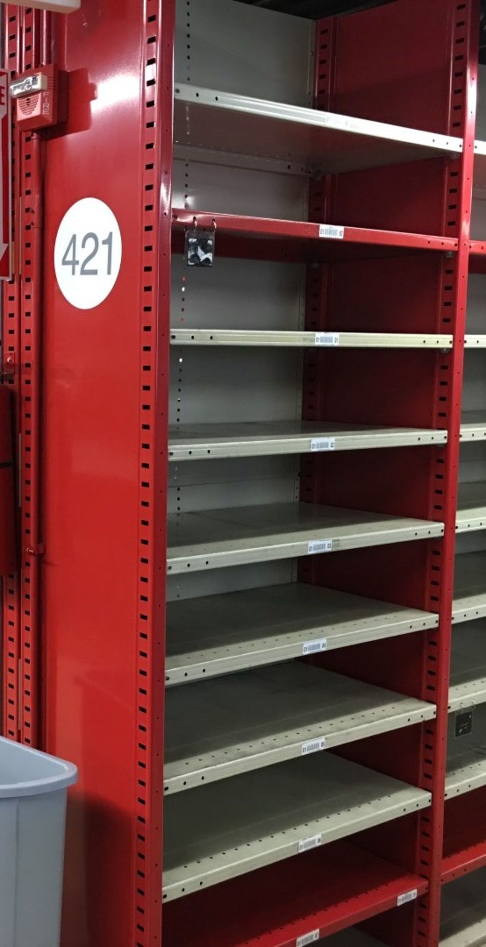 52 SECTIONS OF HALLOWELL H-POST CLOSED BACK SHELVING, SIZE :98.5"H X 18"D X 36"W WITH 5 SHELVES EACH