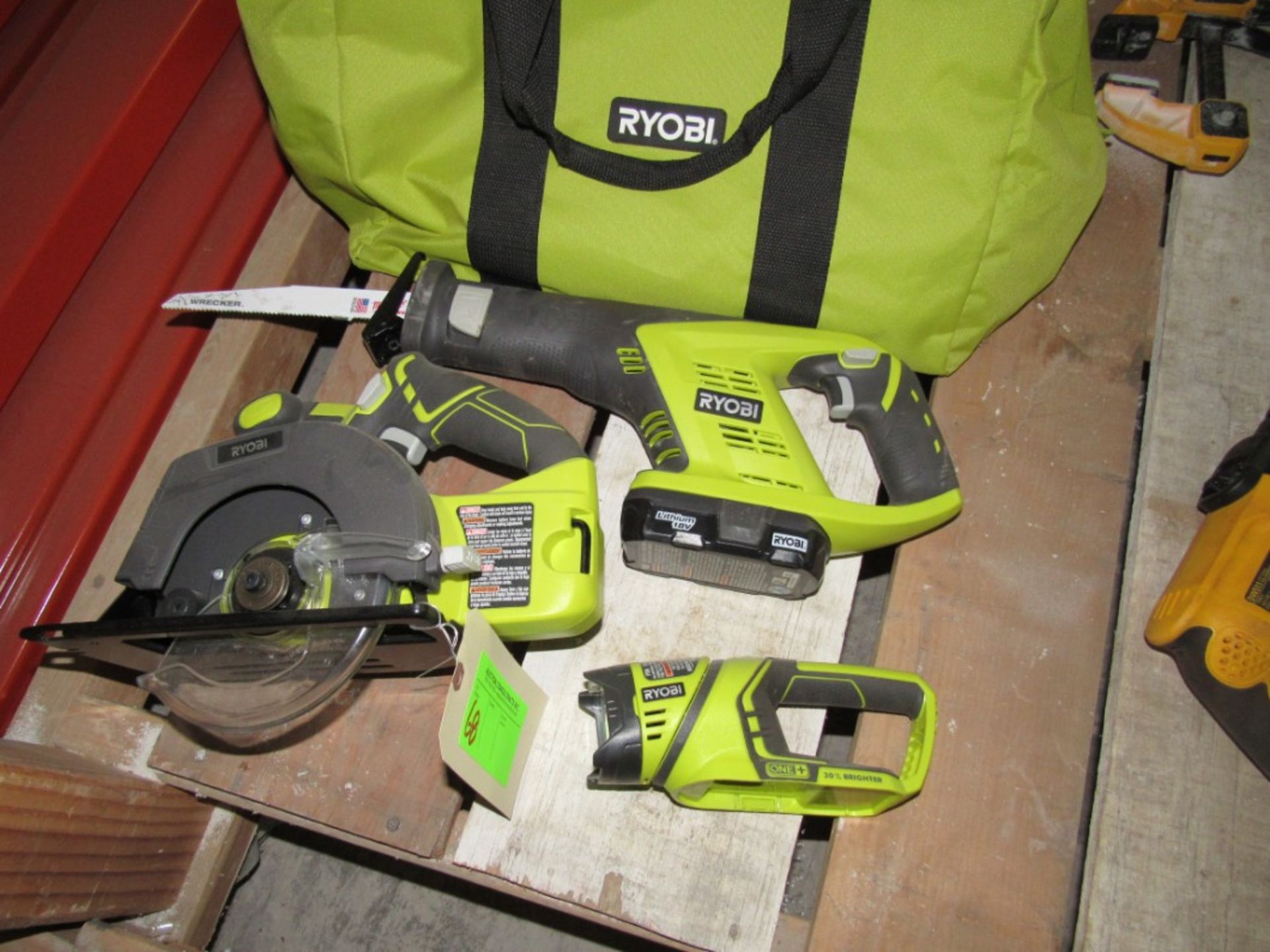 GROUP OF 3 RYOBI CORDLESS TOOLS WITH BAG; FLASHLIGHT, CIRCULAR SAW & SAWZALL