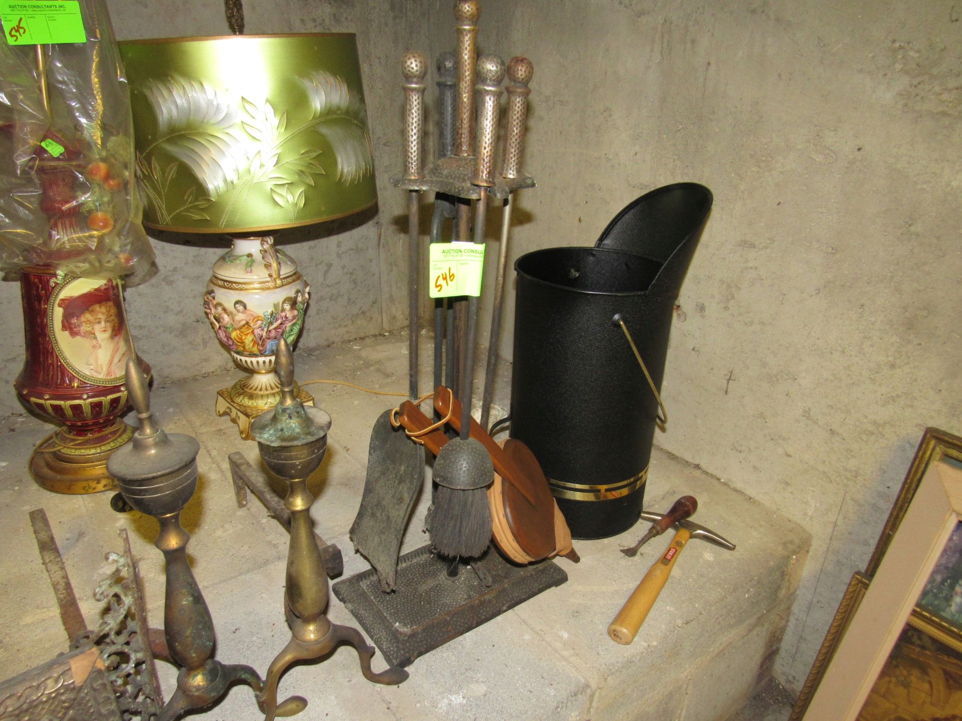 Andirons, fireplace utensils and coal bucket