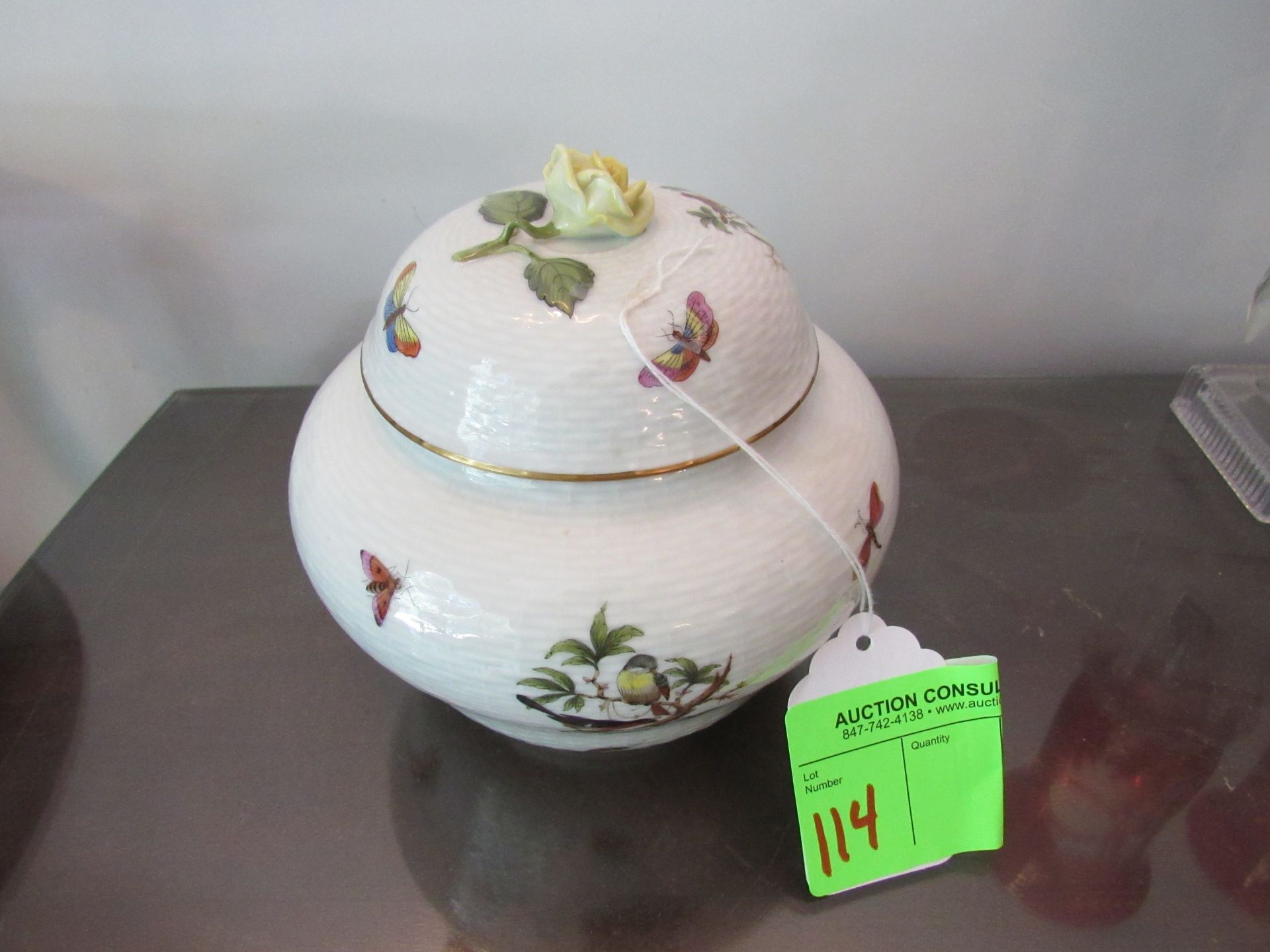 Herend covered bowl with floral design and butterflies