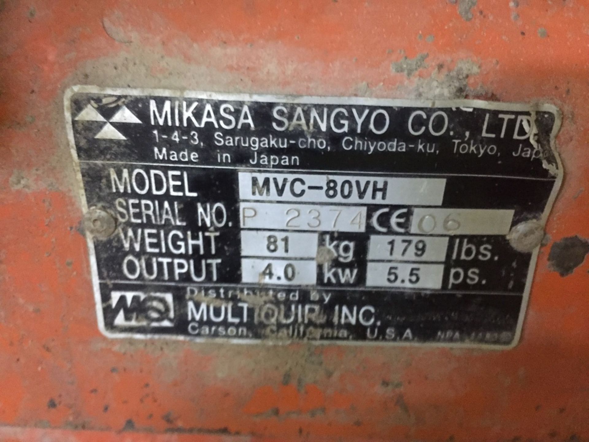Mikasa Plate Compactor w/ Honda GX160, 5.5 HP, Model# MVC-80VH, S/N: P2374GE06, Location: 4127 - Image 3 of 9