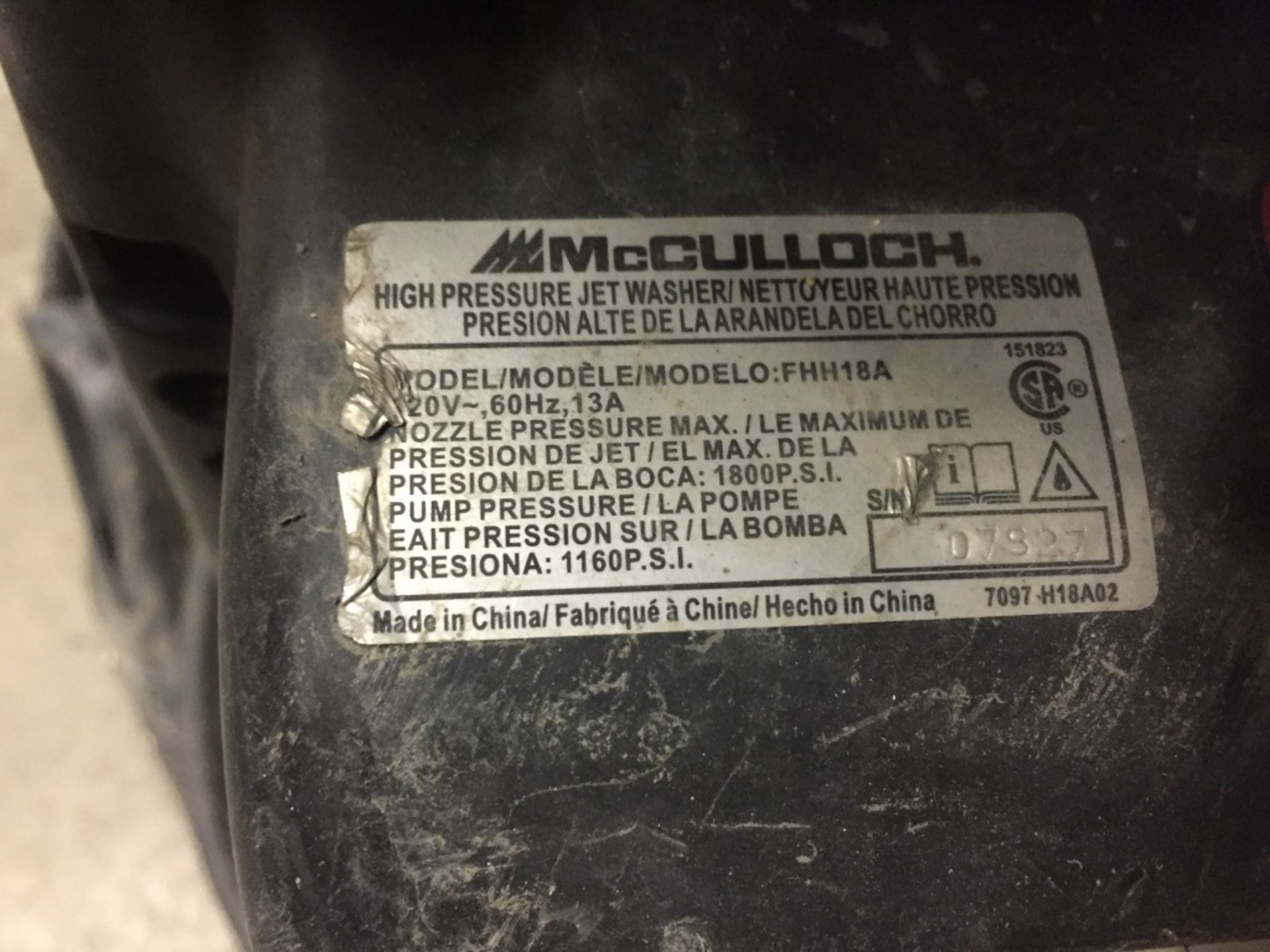 McColloch Jet Washer, 120V, Model# FHH18A, S/N: 07827, Location: 4127 Blairs Ferry Rd. NE Cedar - Image 2 of 2