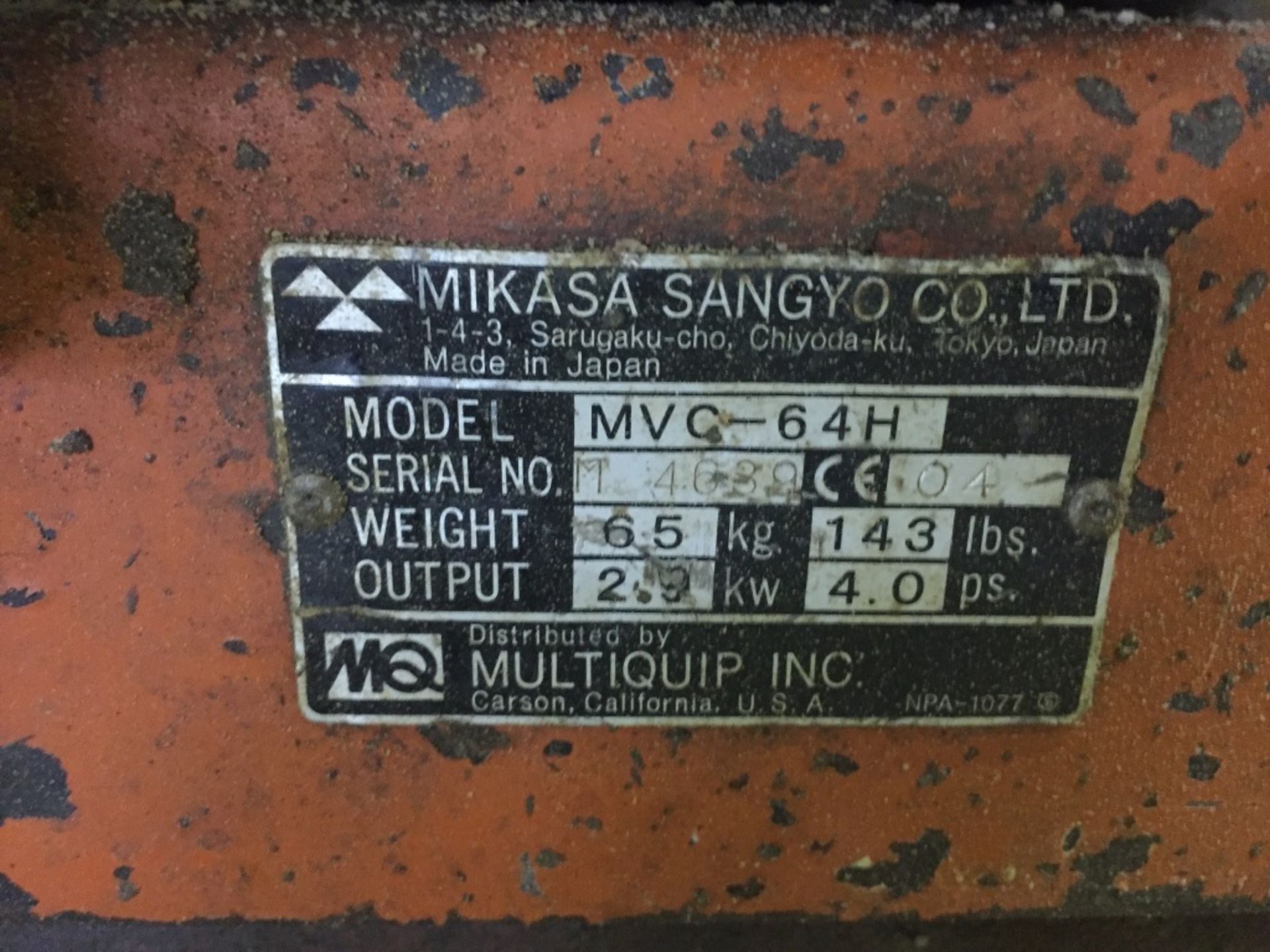 Mikasa Plate Compactor w/ Honda GX160, 5.5 HP, Model# MVC-80VH, S/N: P2374GE06, Location: 4127 - Image 8 of 9
