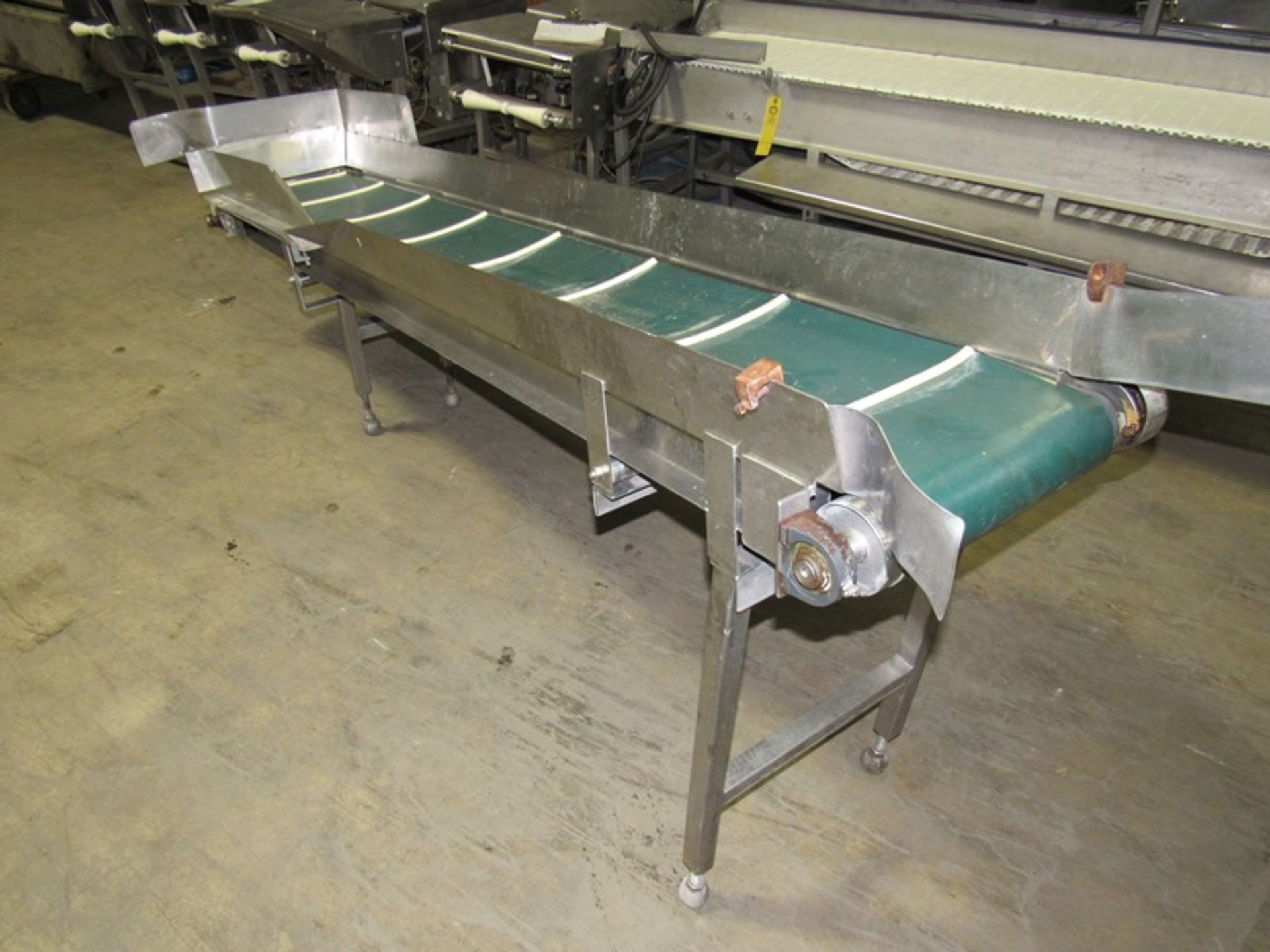 Incline Conveyor, 14" W X 100" L cleated rubber belt, 1/2" cleats, spaced 12" apart, 20" infeed, 36"