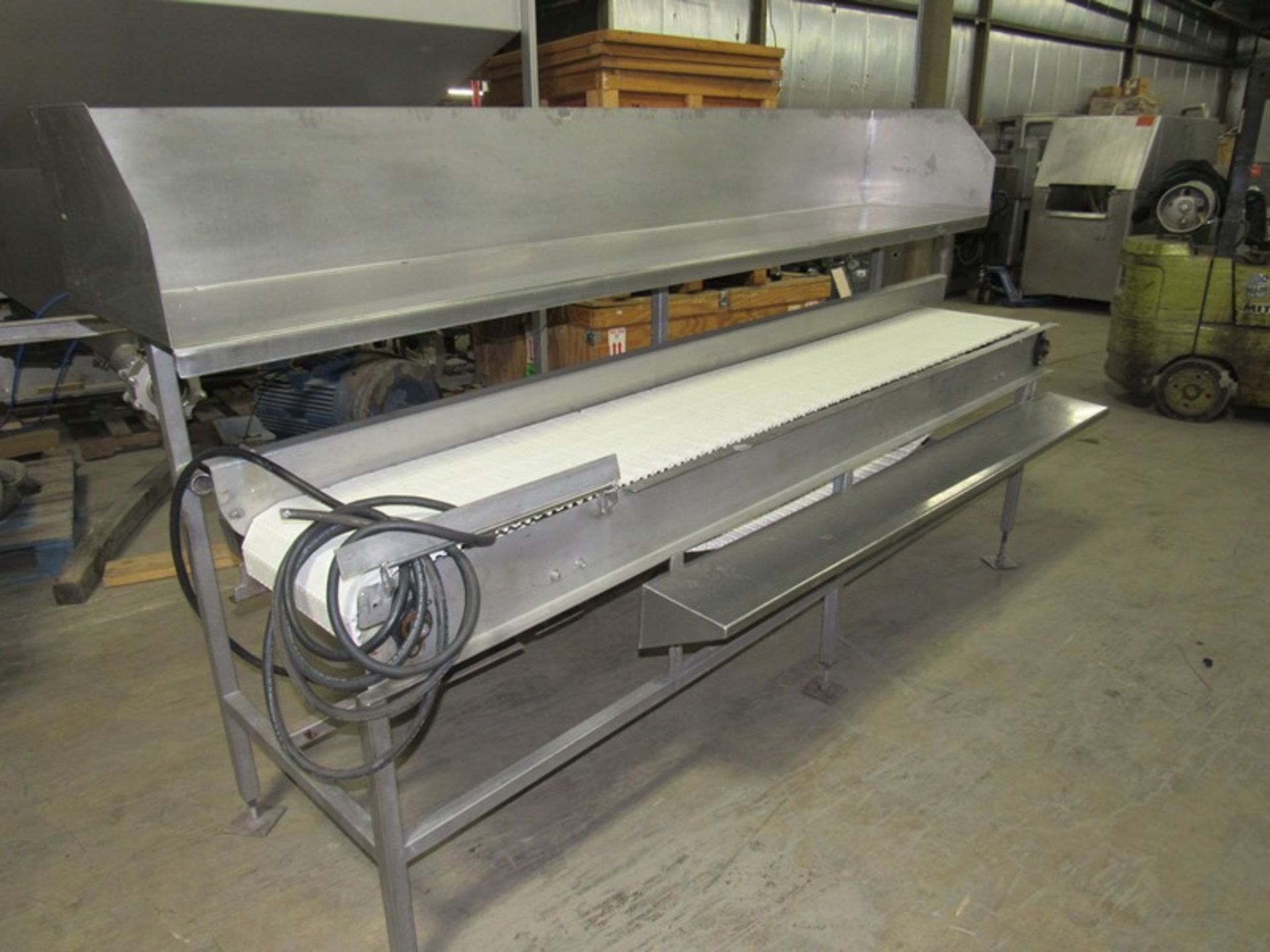 Packoff Conveyor, 16" W X 9' L plastic belt, overhead box shelf, stainless steel packoff shelf, 1/