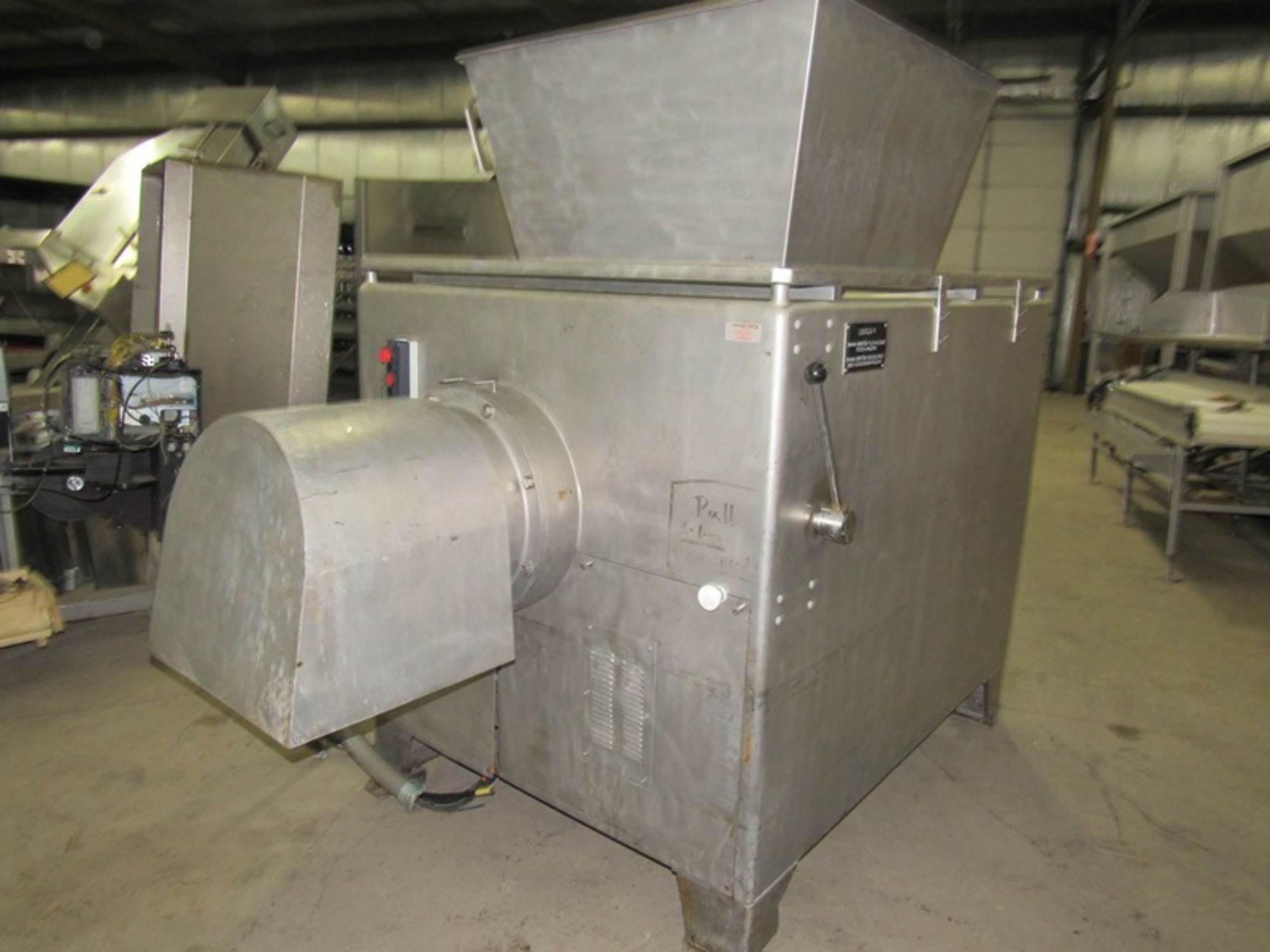 Frozen Block Grinder, 2 speed. 31" X 31" stainless steel feed hopper, on stainless steel safety