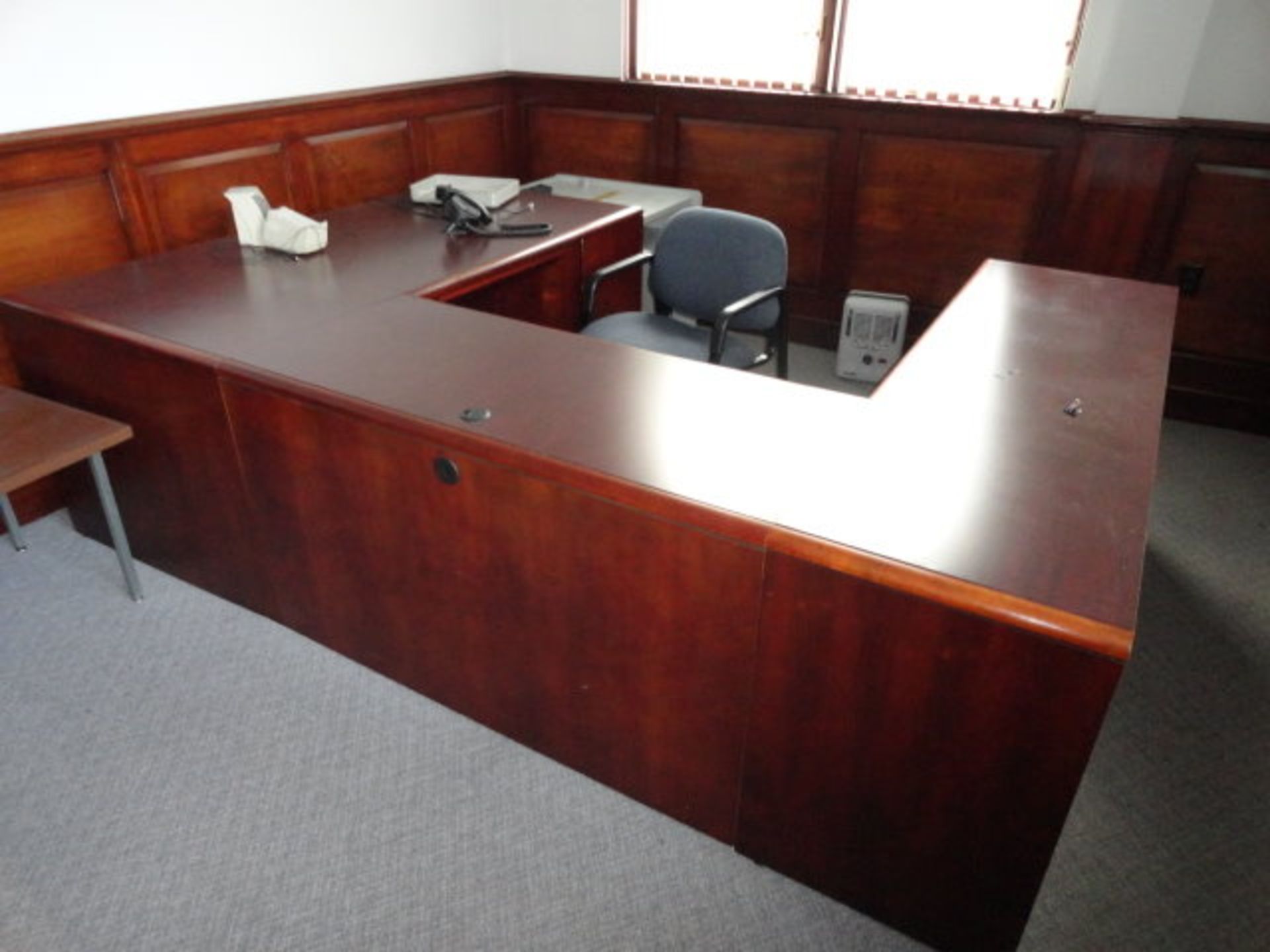 Contents of Office: Wood 'U' Shaped Desk, 5' Round Table, Book Case, ($240.00 Required Loading - Image 2 of 3
