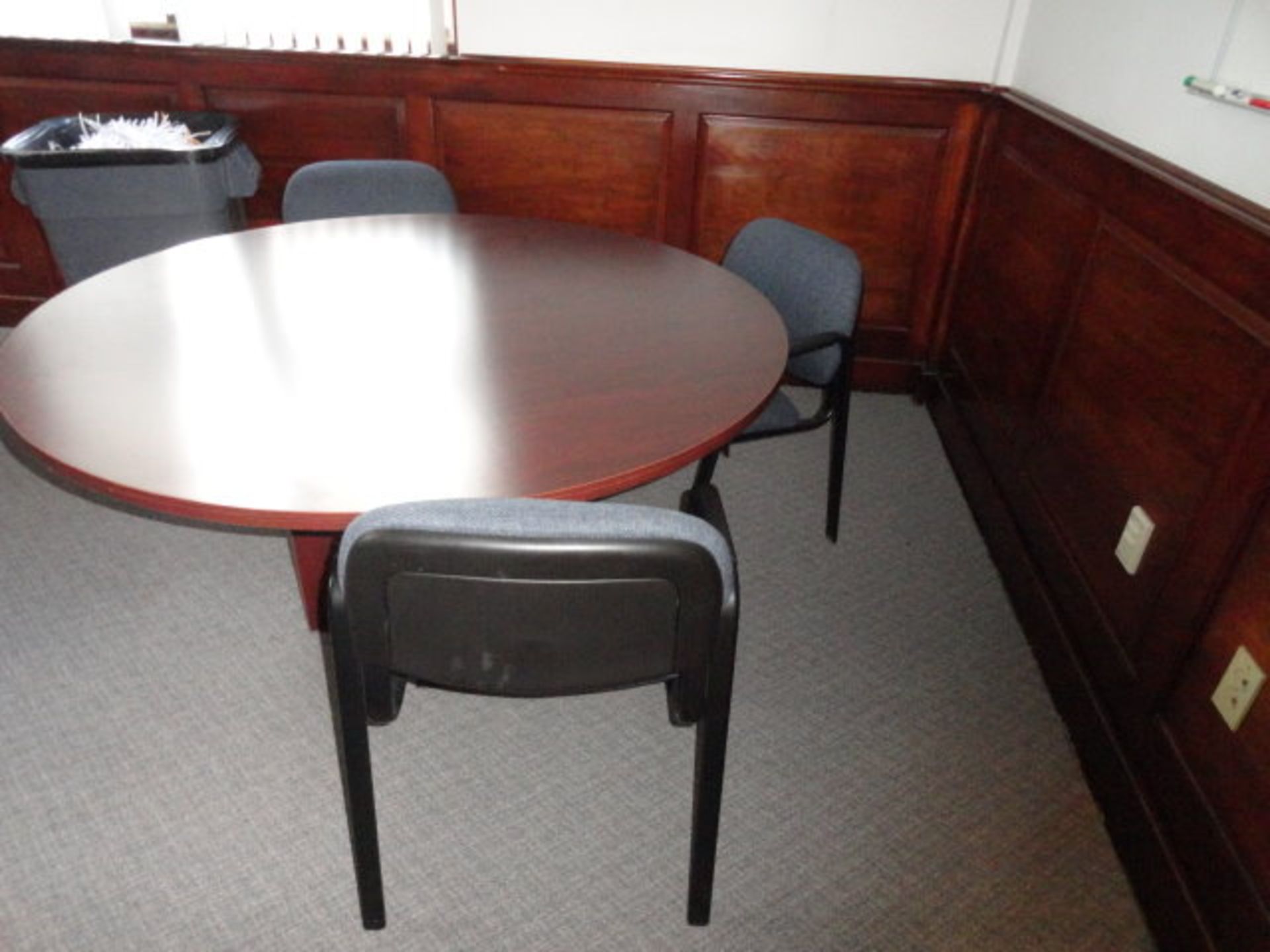 Contents of Office: Wood 'U' Shaped Desk, 5' Round Table, Book Case, ($240.00 Required Loading