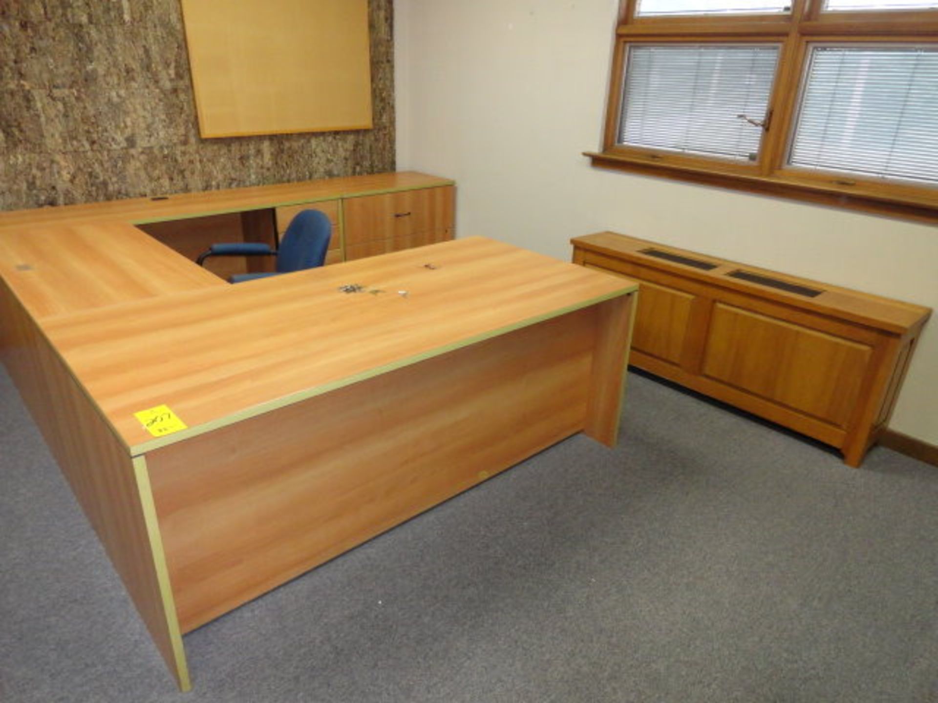 Contents of Office: Wood 'U' Shaped Desk, 104" w x 9' with chair, ($240.00 Required Loading Fee-