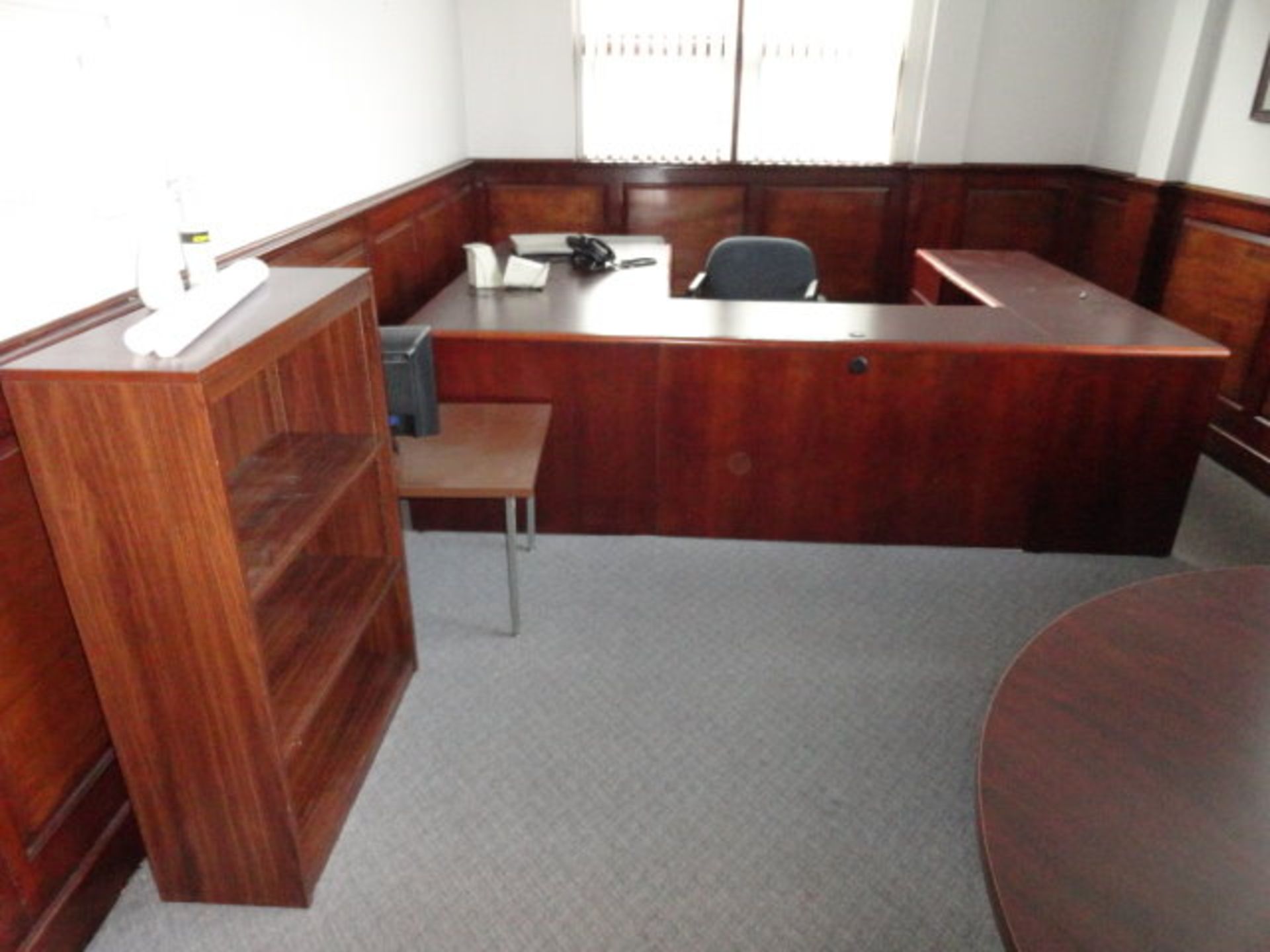 Contents of Office: Wood 'U' Shaped Desk, 5' Round Table, Book Case, ($240.00 Required Loading - Image 3 of 3