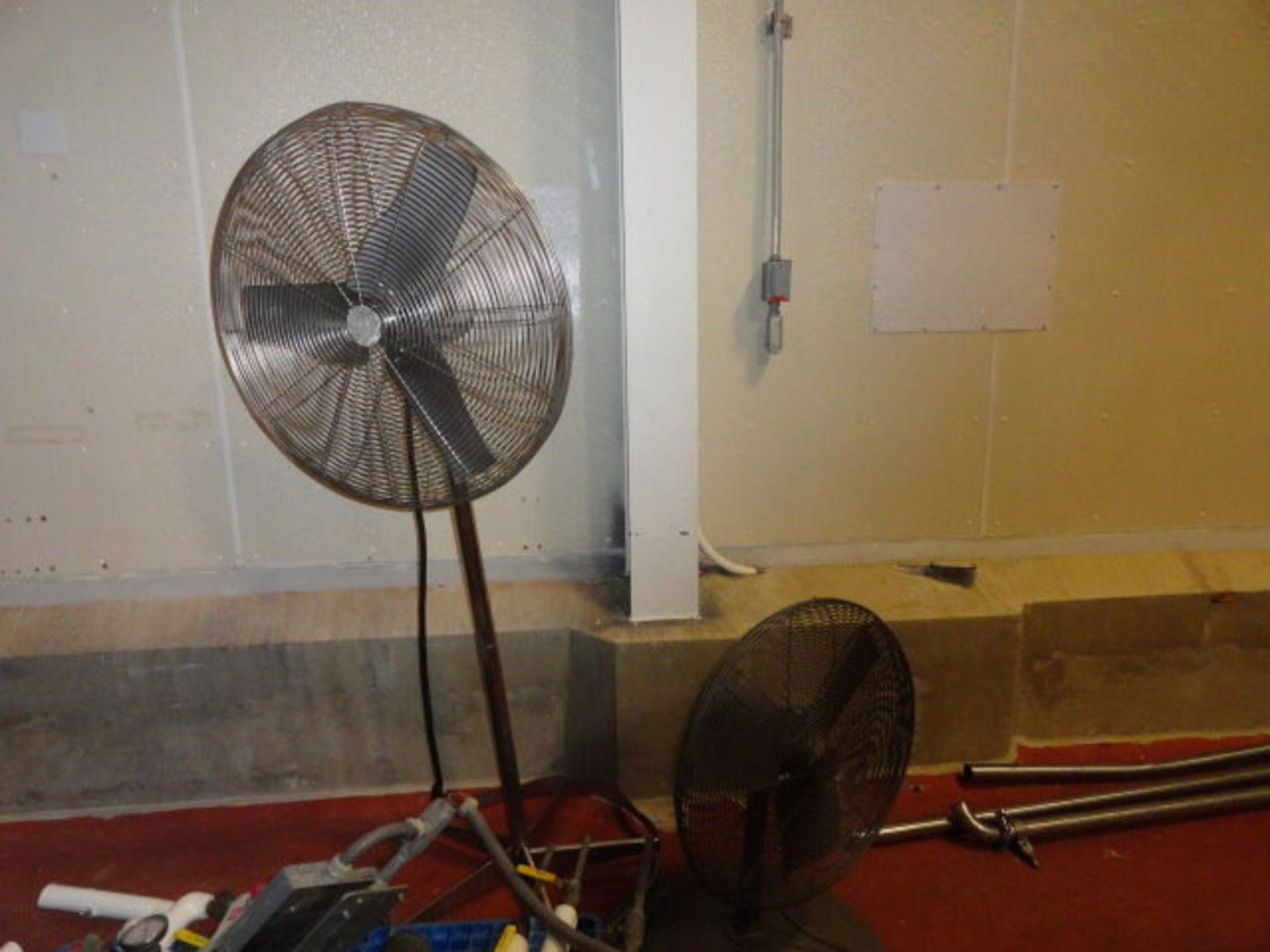 (3) Shop Fans, (2) stainless steel & (1) short steel shop fans, ($60.00 Required Loading Fee-